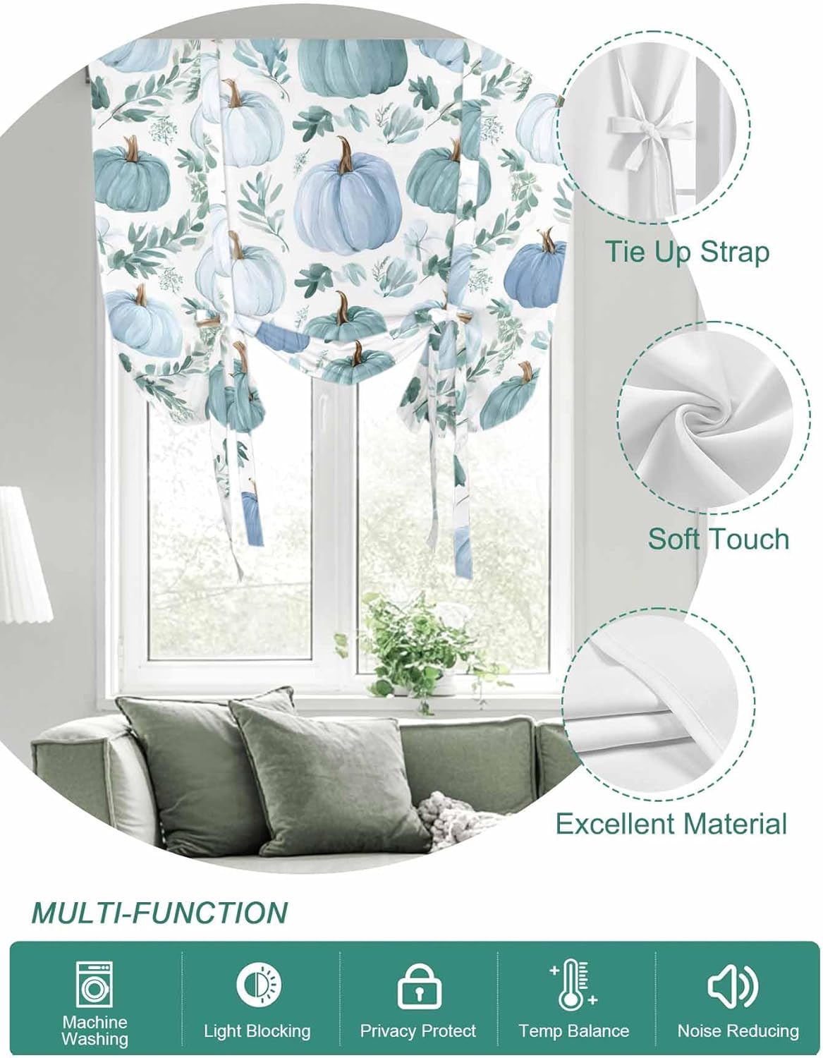 Thanksgiving Tie Up Curtains for Windows Watercolor Blue Green Pumpkin Rod Pocket Window Shade Adjustable Balloon Curtain Valance for Bedroom Kitchen Bathroom Blinds 46x63in Fall Leaf