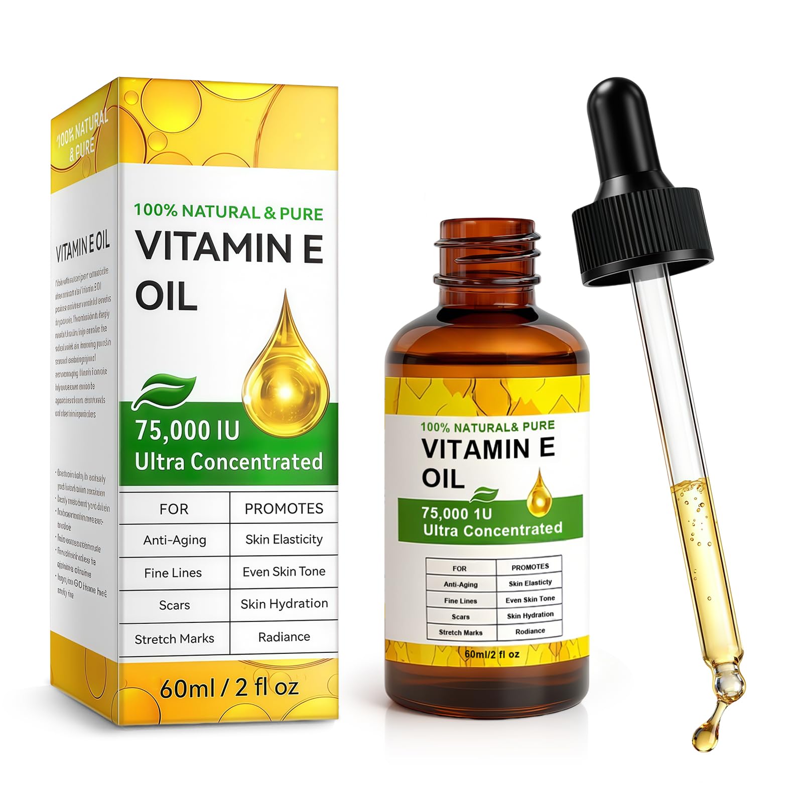 Flintronic Vitamin E Öl 60ML, Vitamin-E-Öl mit Pipette für Körper, Gesichts, Narben, Straffende Pflege, Falten & Feine Linien