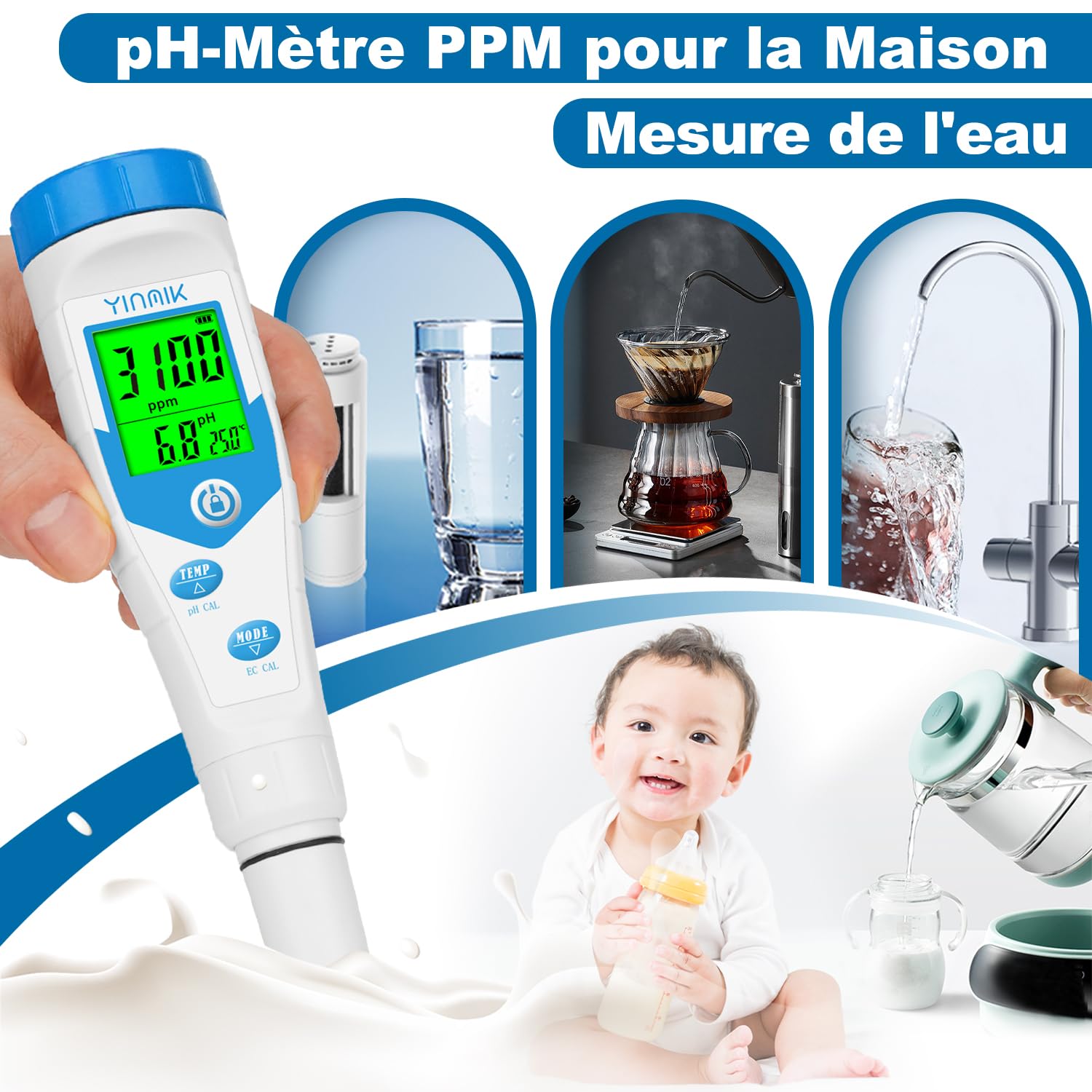 YINMIK Testeur Sel Piscine, Testeur de pH et Salinité Piscine avec Affichage Simultané, 5 en 1 Salinomètre, Testeur pH Conductivité Sel EC TDS Temp pour Aquarium, Spa, Eau Potable, Hydroponique Visite