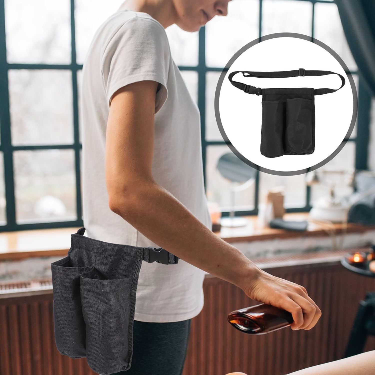 Massager Essential Oil Waist Bag Bottle Organizer 20X25Cm Black Portable Storage Case for Salon Spa Use