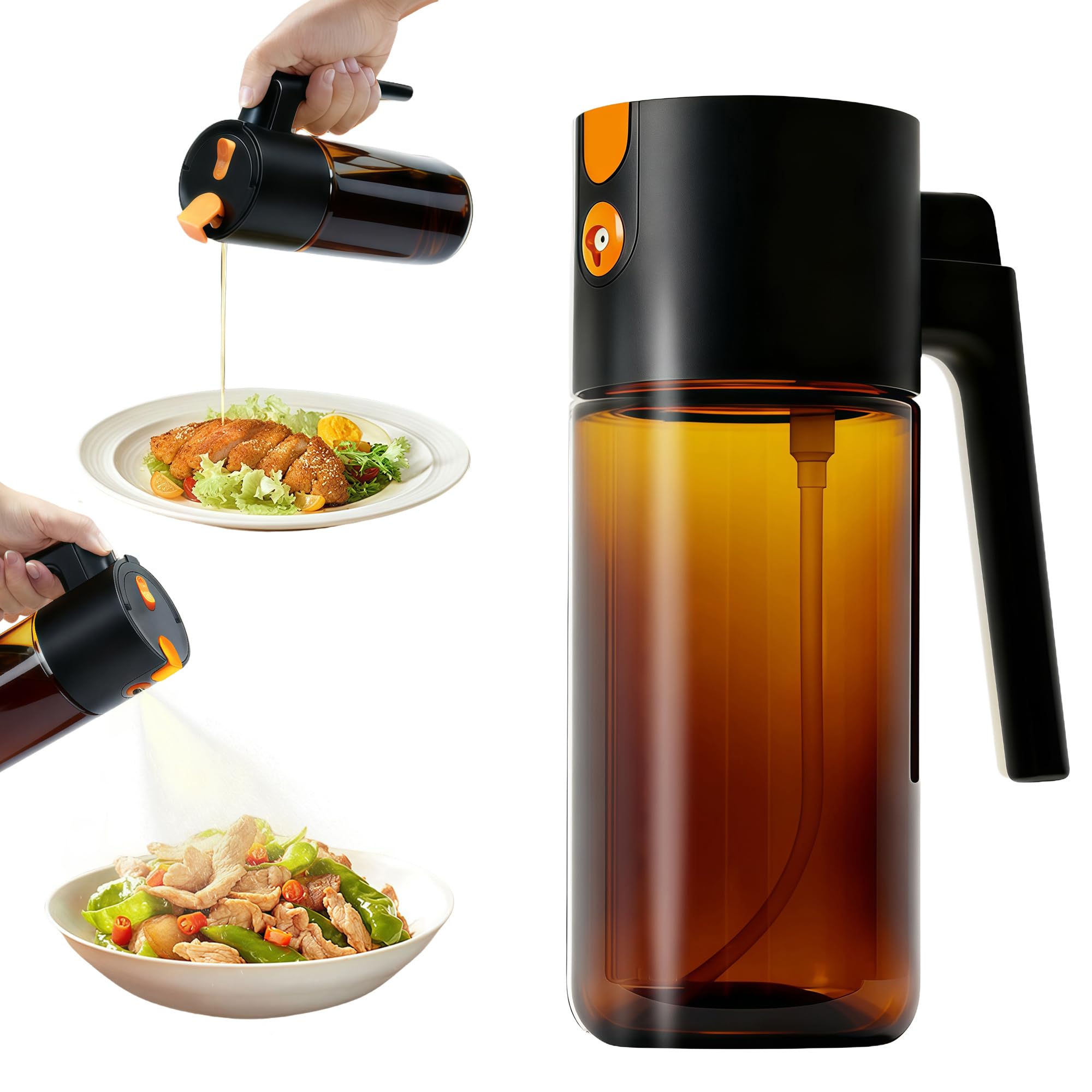 Olive Oil Spray Bottle Dispenser，2-in-1 Glass Material Kitchen Cooking Oil Sprayer，17 oz/500 ml Cooking Spray, Glass Spray Bottle with Tipper, Food Grade Spray for Kitchen, Salad, Frying, Barbecue