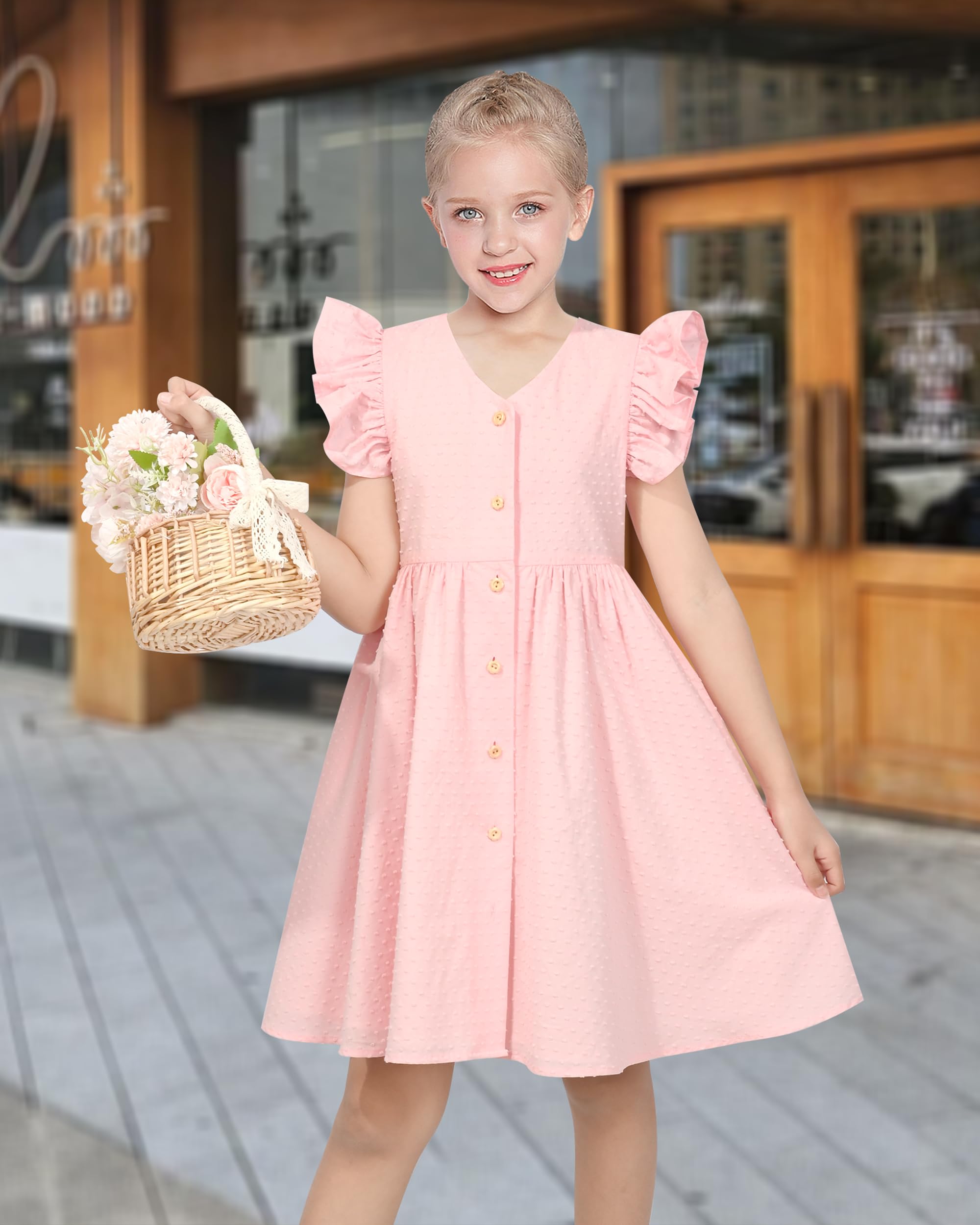 Sunny Fashion Vestido para niña Sonrojo Botón Frontal Punto Suizo Volante Fruncido Manga del Casquillo Cuello en V Boda Verano Casual 6-12 años