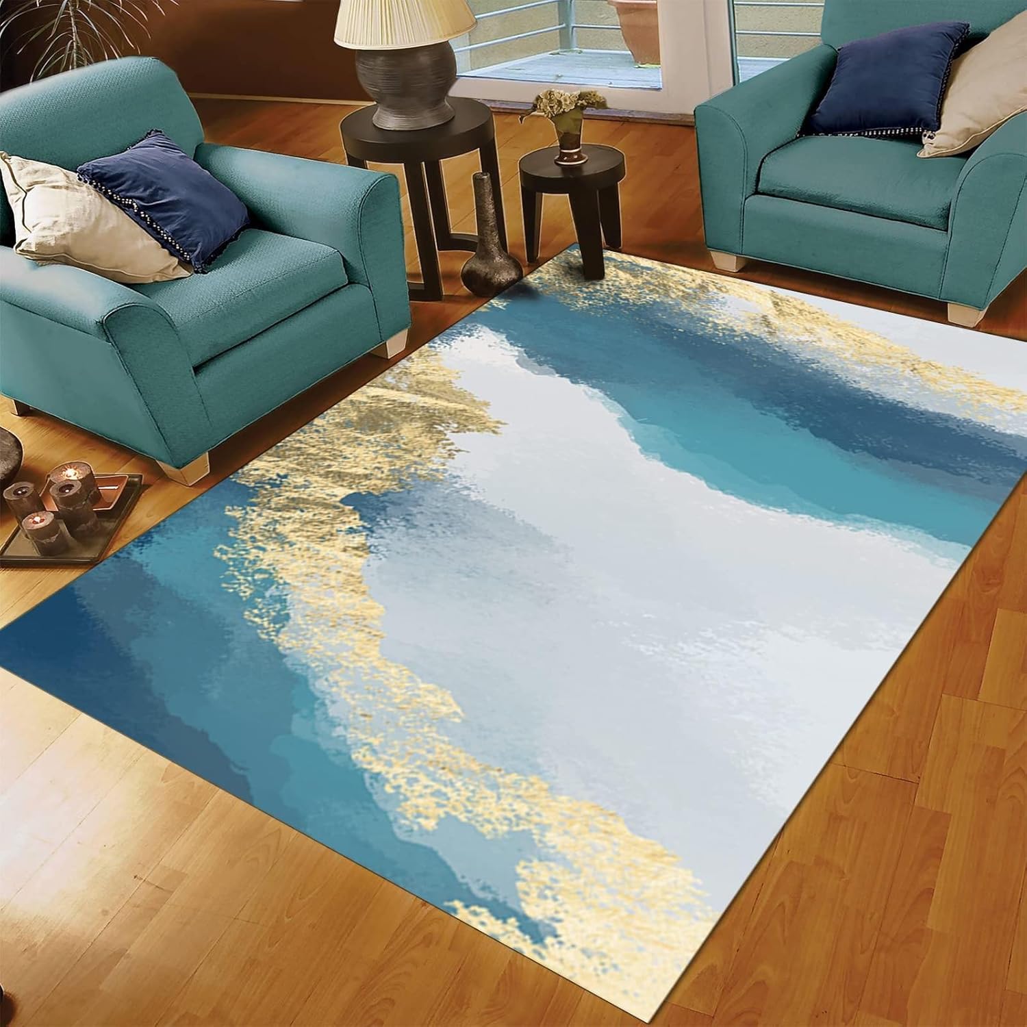 Teal Gold Marble Texture Area Carpet, Abstract Gradient Mystery Neutral Rug, Indoor Carpet Non-Slip Soft Thick Portable Suitable for Living Room Bedroom Office Kids Room（2x3ft）