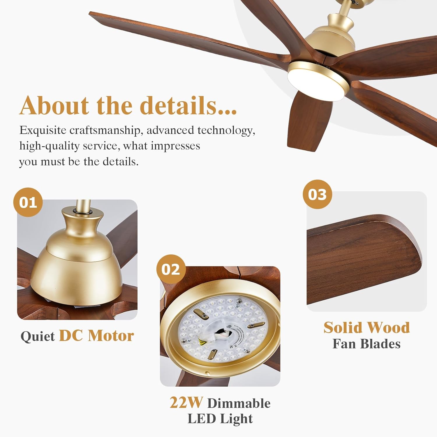 Outdoor Ceiling Fans with Lights for Patios, 52 Inch Gold Wood Ceiling Fan with Light, High Cfm Outdoor Ceiling Fan Damp Rated 5 Blades Silent Reversible DC Motor for Outside Porch Gazebo