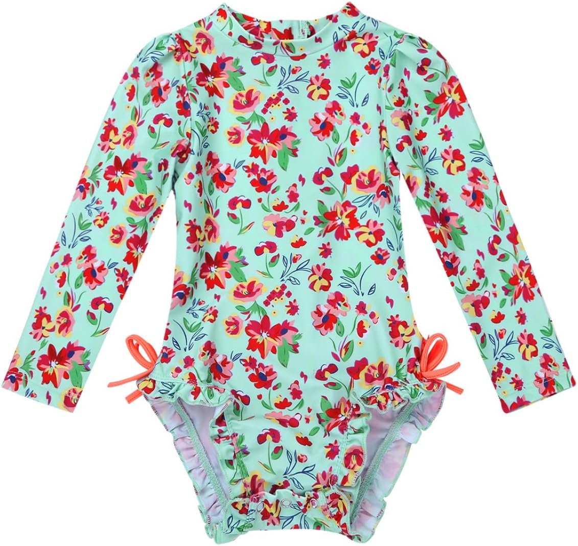 Jugaoge Infant Baby Girls Rash Guard Swimsuit One Piece Sun Protection Floral Printed Zipper Bathing Suit