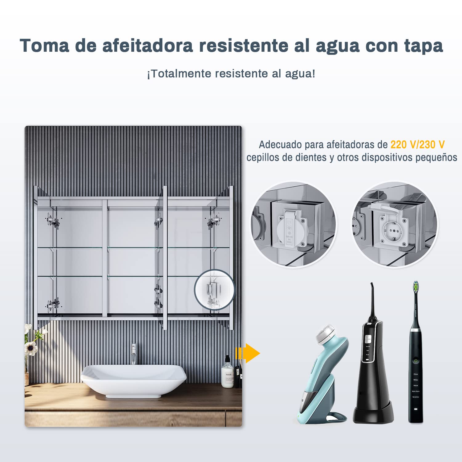 SONNI Armario Espejo Baño con Luz 90 x 65 cm Bisagra Conductora Interruptor Táctil 3 Puertas,Espejo de Baño con Armario y LED,Acero Inoxidable Enchufe para Afeitadora 6 Estantes