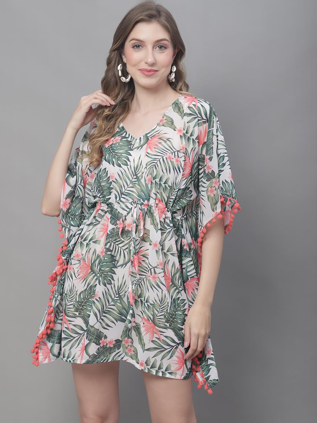 Claura Green & Pink Tropical Printed Swimwear Cover Up kaftan Dress. 2