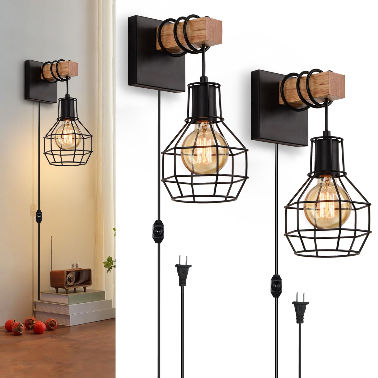 Lightess Plug in Wall Sconces Set of 2 Industrial