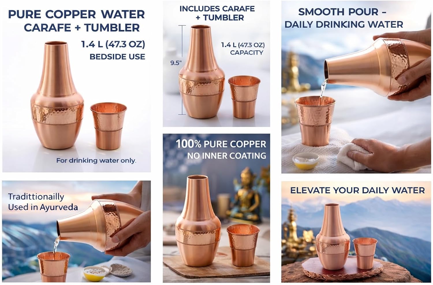 Pure Copper Water Carafe with Tumbler – 1.4L (47.3 oz) Bedside Copper Flask for Drinking Water, Ayurveda Health Benefits