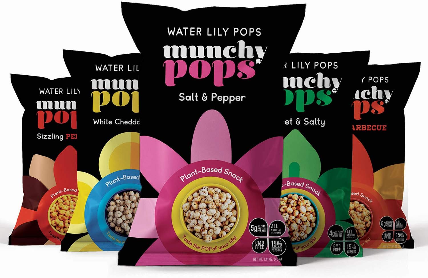 Munchy Pops Popped Water Lily Seeds, Plant Based Snacks - Roasted, Gluten Free Snack - Variety Pack (5 Pack)