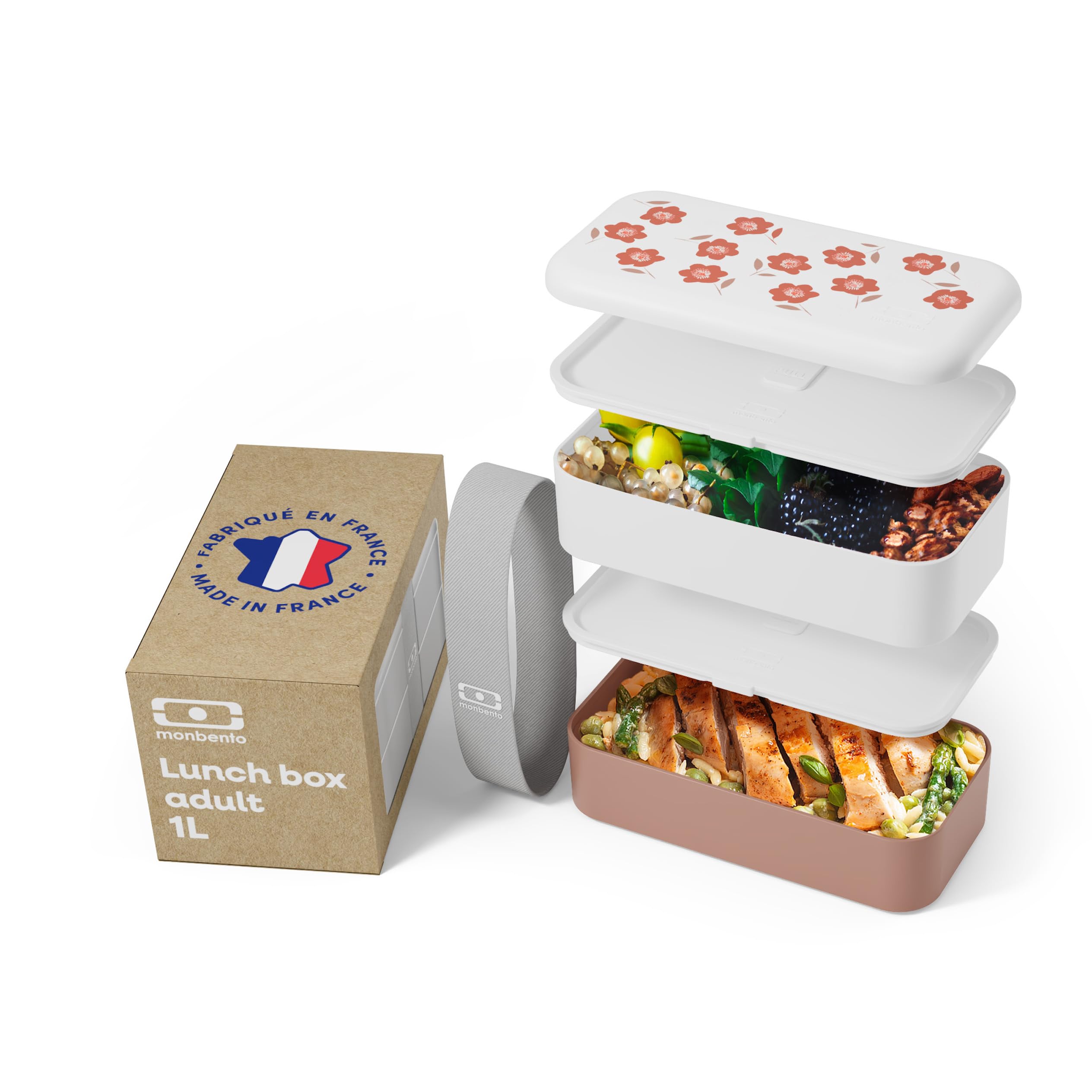 monbento - Bento Box oryginalny graphic pink Poppy Made in France - pudełko na lunch z przegródkami, szczelne, idealne do biura/na piknik, bez BPA, pojemnik na żywność, kwiaty