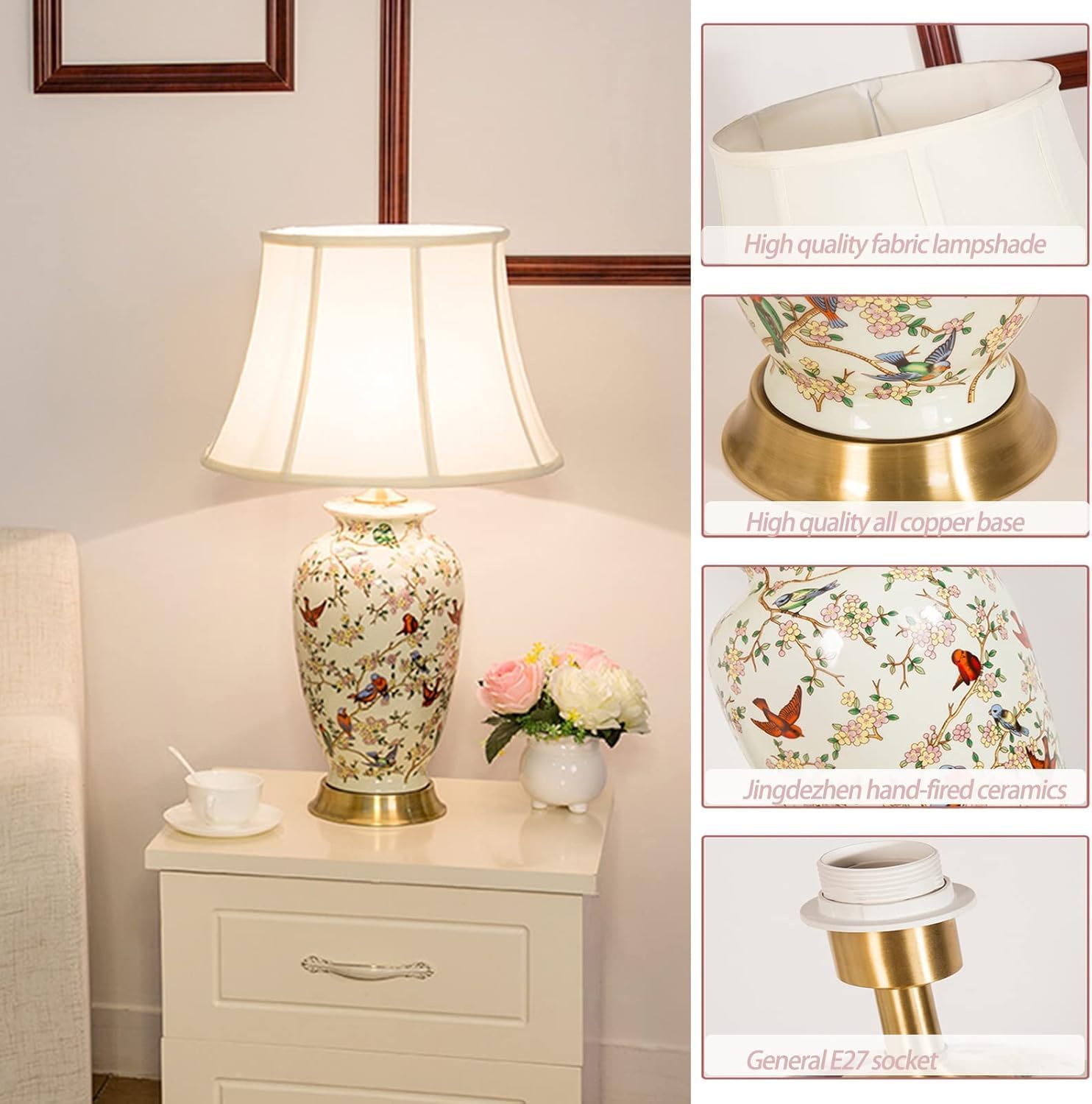 White 27" Flower and Bird Ceramics Table Lamp Chinoiserie Desk Lamp,Fabric Drum Shade,Gold Base, Tall Table Lamp Decor for Living Room Bedroom Bedside Office College Bookcase