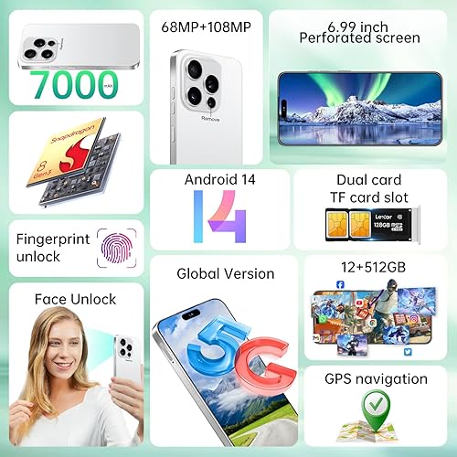 Miniatura 2 de WWT I16PROMAX - Teléfono celular desbloqueado de 12 + 512 GB, pantalla HD de 6.99 pulgadas, batería Android 14, 7000 mAh, teléfono desbloqueado,