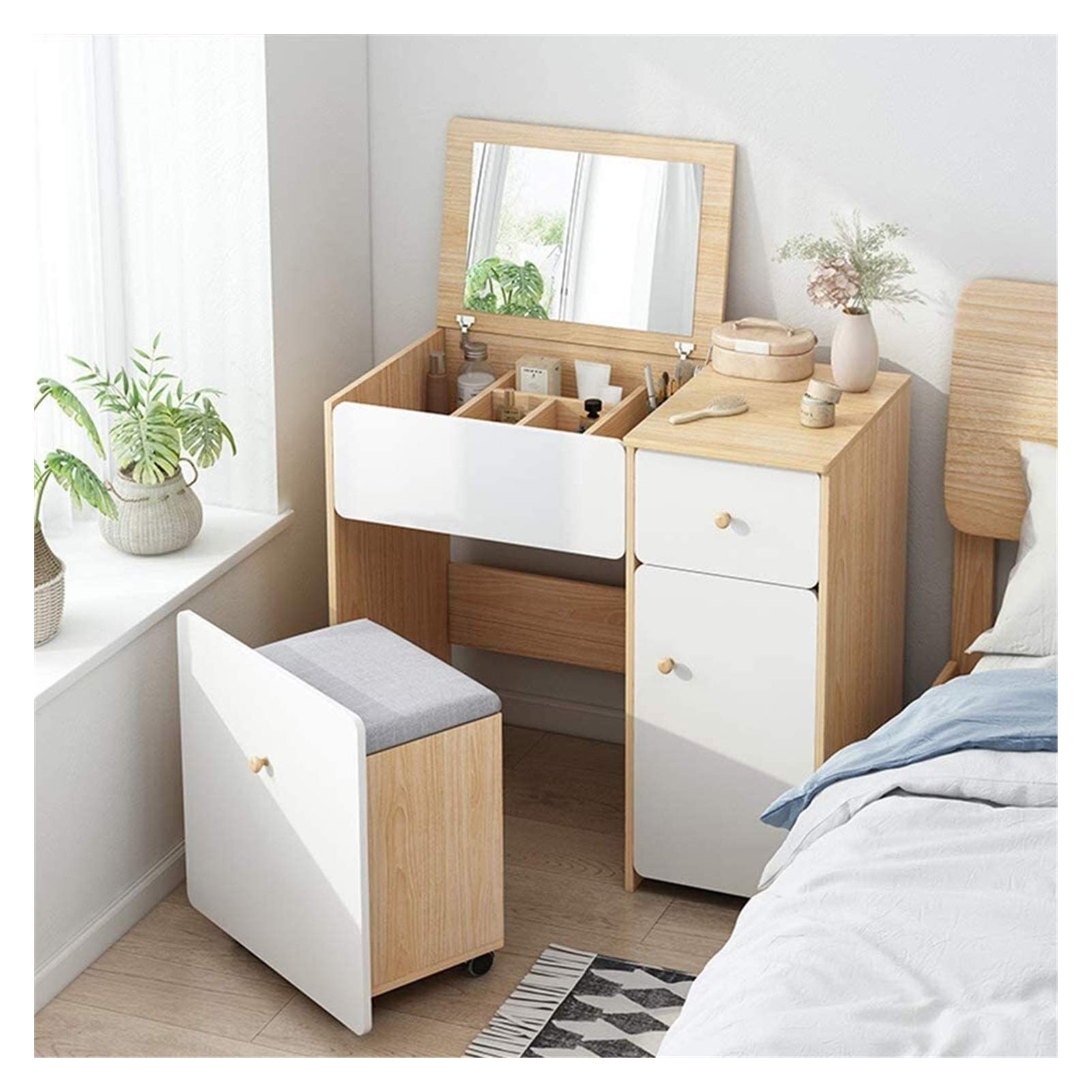 Slish - Set da bagno da donna con sgabello imbottito e specchio ribaltabile, elegante scrivania bianca (80 x 40 x 90 cm) per camera da letto, spogliatoio o decorazione per la casa