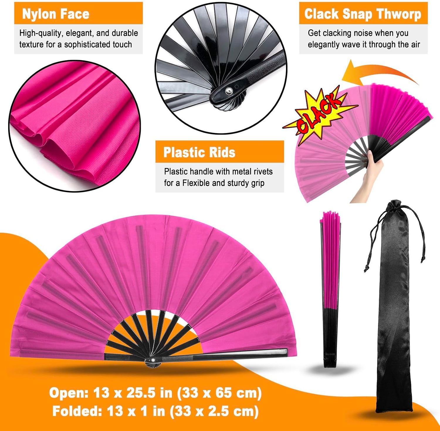 Large Rave Folding Hand Fan - Foldable Chinese Tai Chi Kung Fu fan - Ideal for Festivals, EDM, Dancing, Hot Flashes, Church and Gifts (Pink)