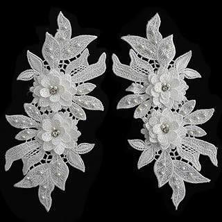 Qililandiy Pair of Embroidery Sequin Lace Applique Sewing Flower Fabric Collar Patch for Wedding Gown Dress Bridal DIY Crafts (White)