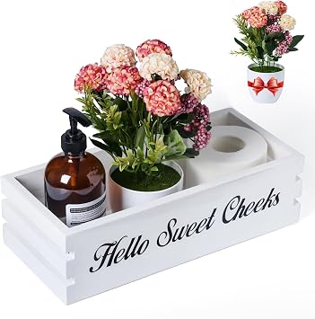 صندوق ديكور الحمام Hello Sweet Cheeks، صندوق ديكور الحمام VOOWO Nice Butt، حامل ورق تواليت مضحك، صندوق ورق تواليت خشبي لديكور الحمام الريفي في المزرعة، سلال تخزين للحمام باللون الأبيض