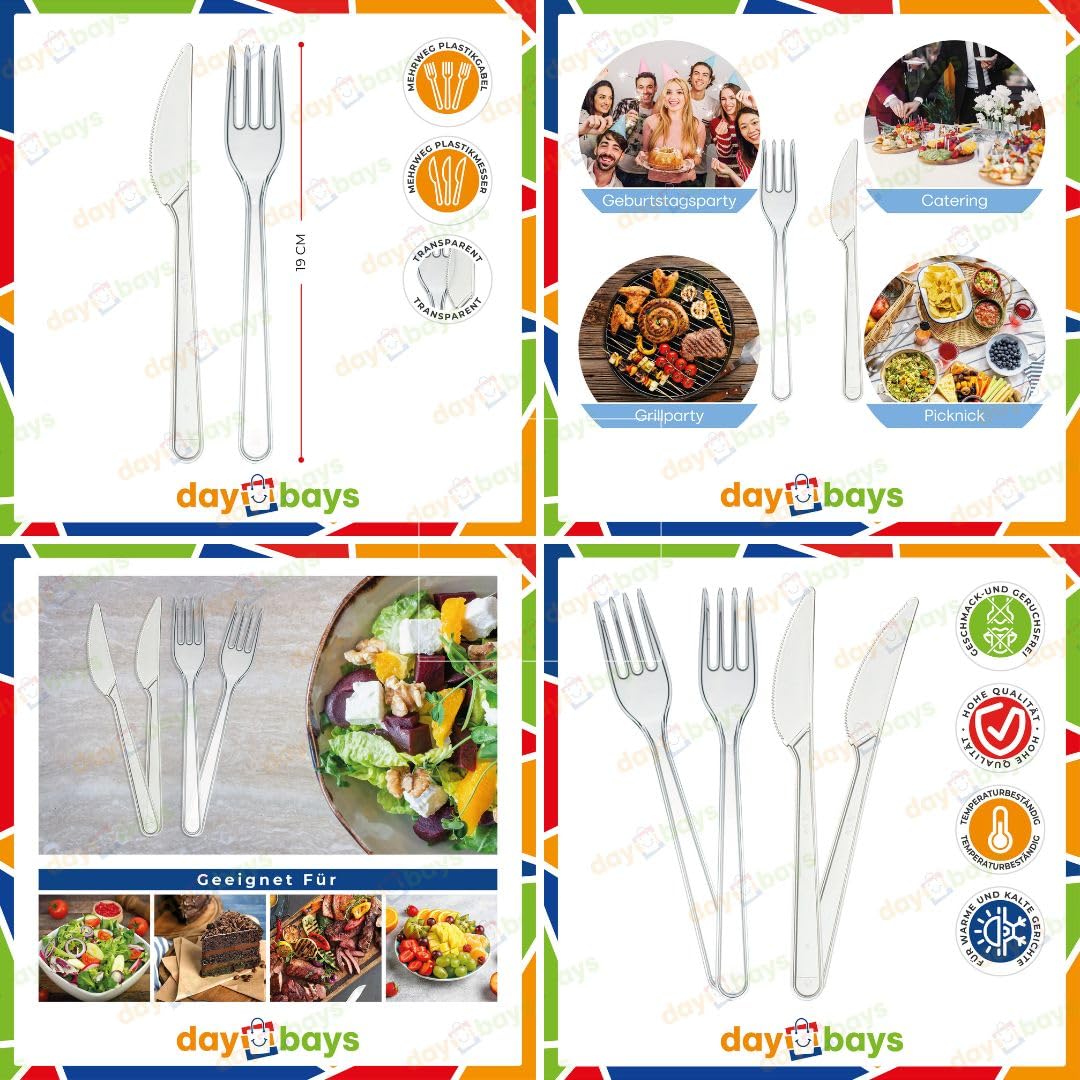 Mehrweg 200 Stk. 3-geteilt Plastikteller 200 Stk. Plastikgabel 200 Stk. Plastikmesser Set Mehrwegteller Plastikbesteck Partygeschirr Plastikgeschirr Set (200, 3-geteilt_Gabel_Messer)