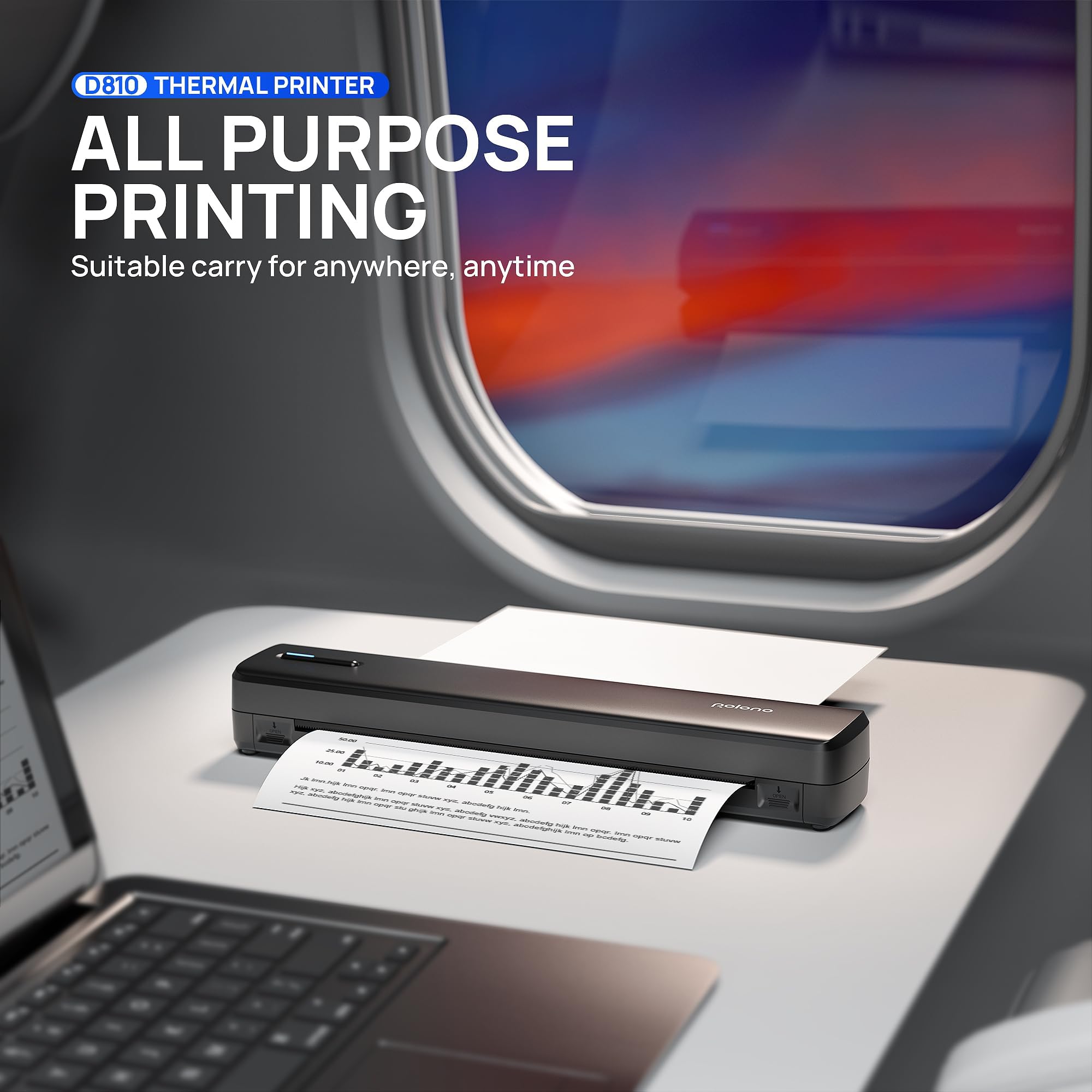 POLONO Portable Printer Wireless for Travel, D810 Bluetooth Thermal Printer Support for 8.5"x11" US Letter, Inkless Printer Compatible with iOS, Android, Laptop for Office, Car and Home, Black