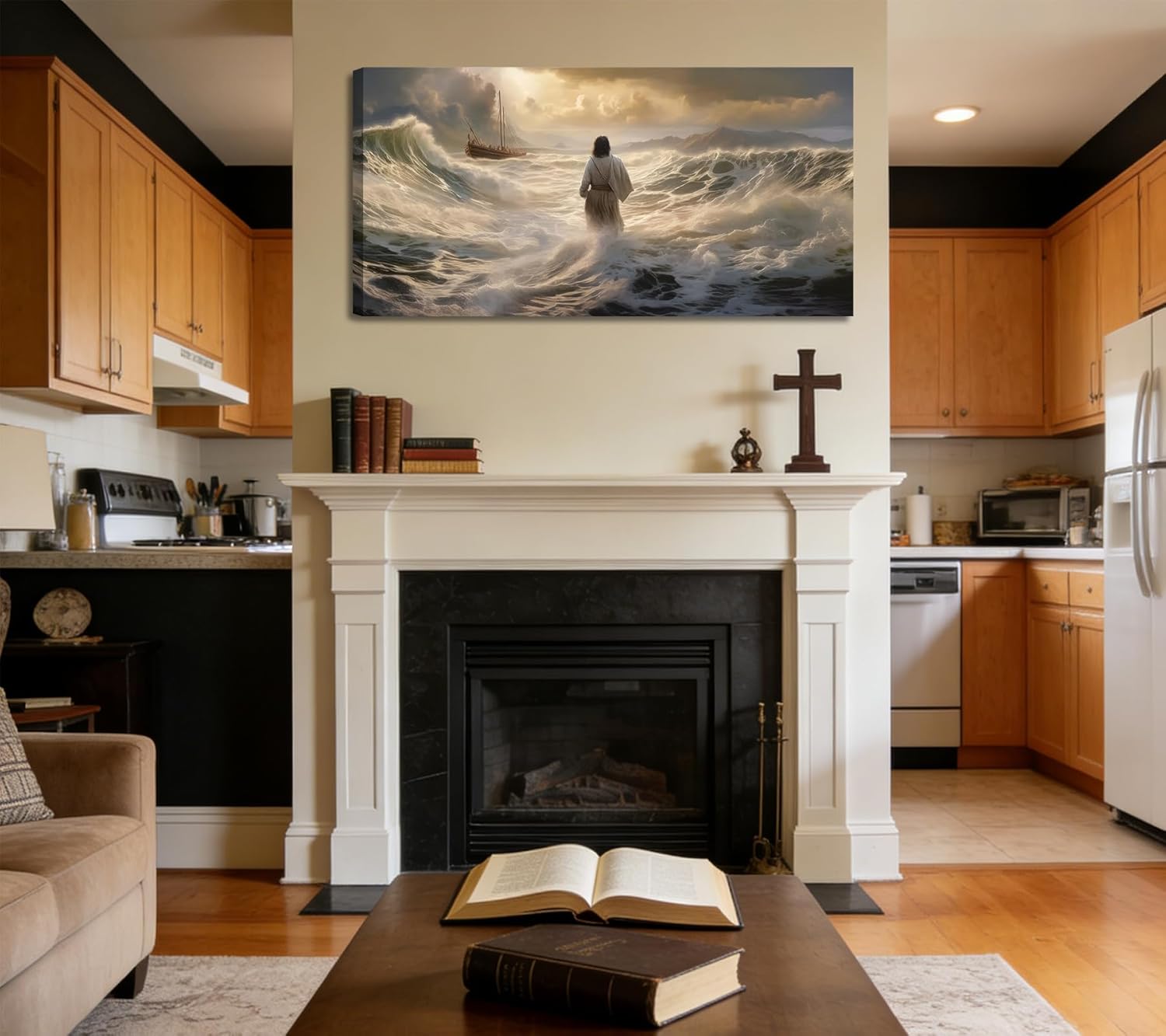3Pcs Jesus Walking On Water Canvas Wall Art Christian Bible Stories Painting Picture Wall Decor Religious Spirit Faith Poster Print Artwork For Living Room Bedroom Church 32x16 in Ready To Hang