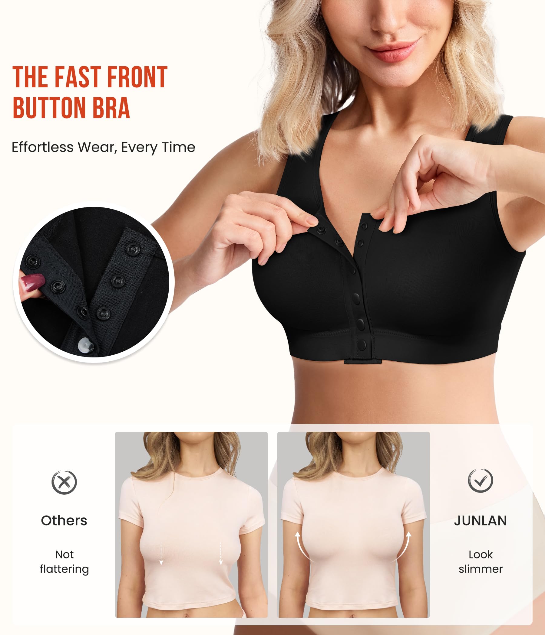 Junlan Damen Postoperativer Sport BH Ohne Bügel Vorderverschluss Racerback Bequemer Bustier Nach Brust Op Kompressions BH Sport Bra mit Rückenstütze Bequemer Bustier