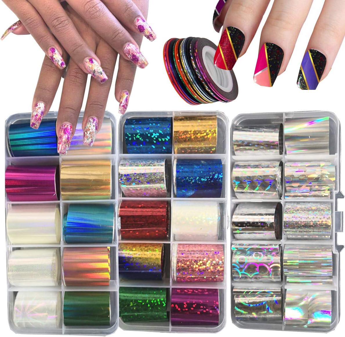 AddFavor 30 Roll Holographic Transfer Nail Foil Sticker Silver Laser Nail Decals 10 Roll Nails Strip Tape for Nails Art Design Decoration