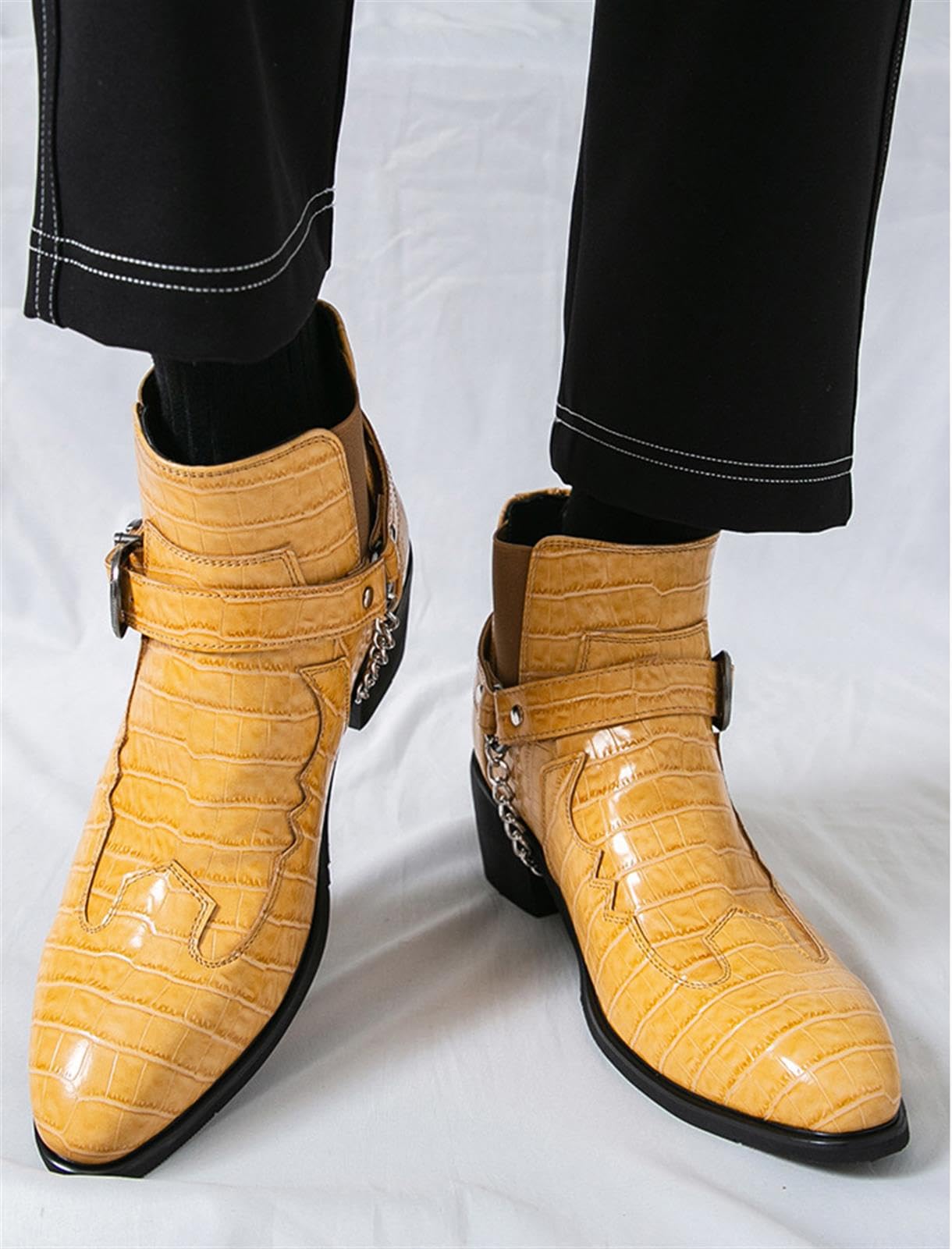 Stivaletti Chelsea Uomo Effetto Coccodrillo con Catena e Fibbia | Scarpe Uomo Stivaletti Western Eleganti Punta Affusolata Comode Suola in Gomma Resistente Ideali per Feste e Occasioni