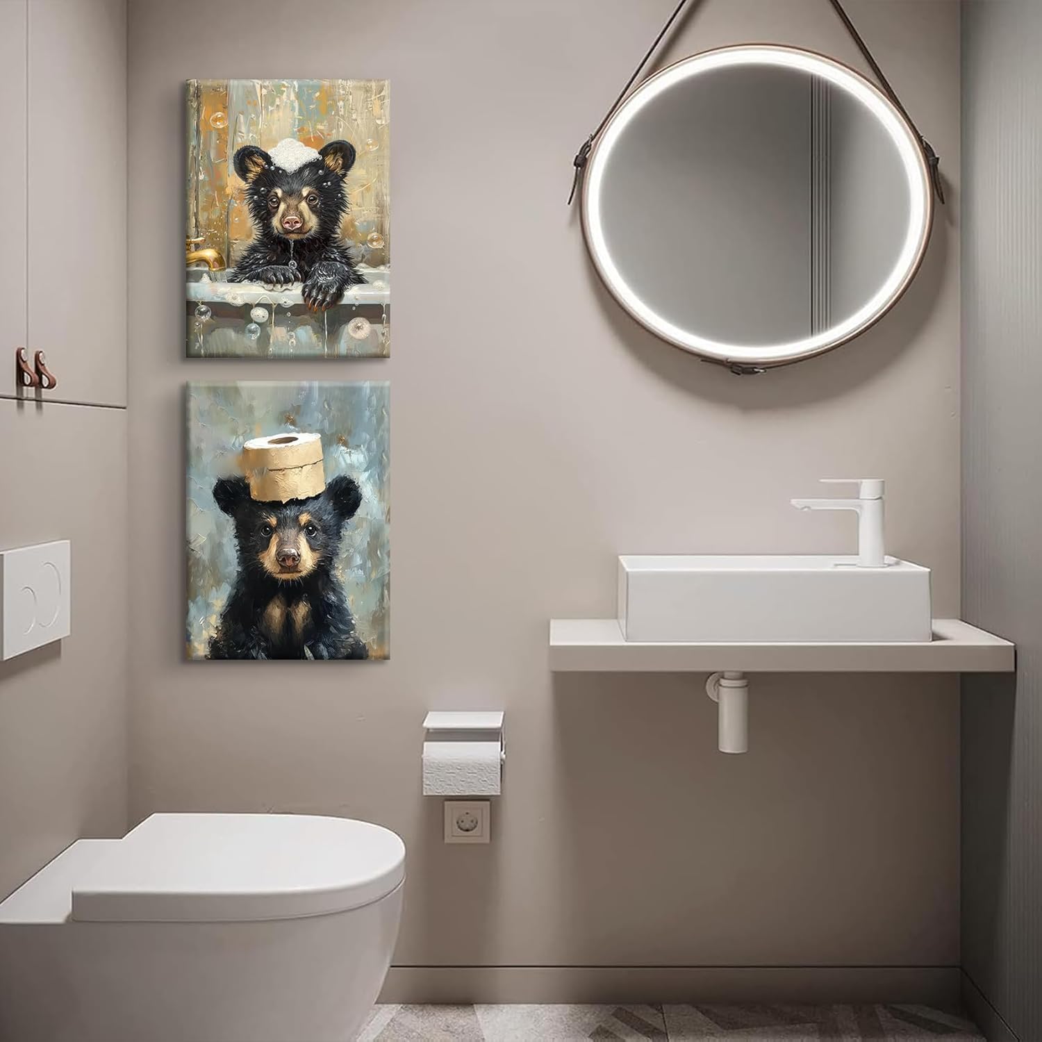 BHSUUHIT 2 Pcs Bear Bathroom Wall Art Funny Bathroom Animal Pictures Prints Black Bear With Paper Wall Decor Sitting in Bathtub Canvas Cute Humorous Posters Ready to Hang Home Decor(16x24in Canvas)