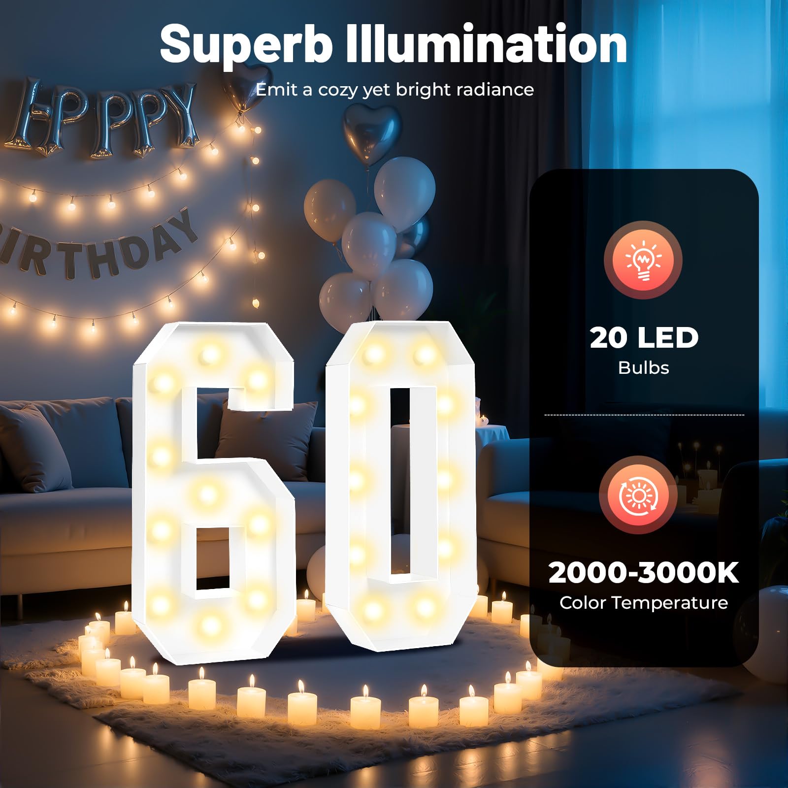 Lampada con numeri da 100 cm "60" con 20 luci LED, lettere luminose alimentate a batteria per 60° compleanno, cavo luminoso riutilizzabile in piastra KT, per feste ed eventi, bianco