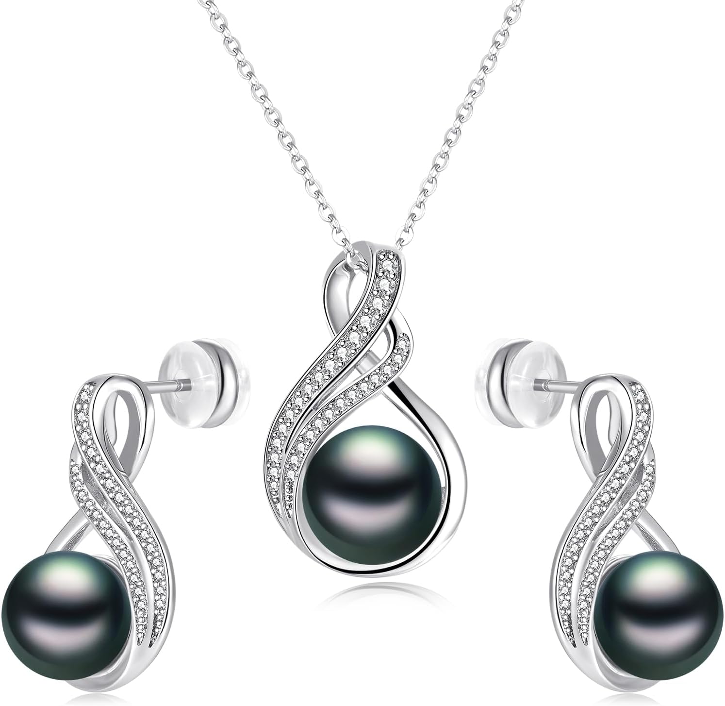 Black White Pearl Necklace and 2 Earrings Set for Women, 925 Sterling Silver Adjustable Infinity Cubic Zirconia Wedding Bridal Choker Dangle, Anniversary Mothers Day Jewelry Gift for Her