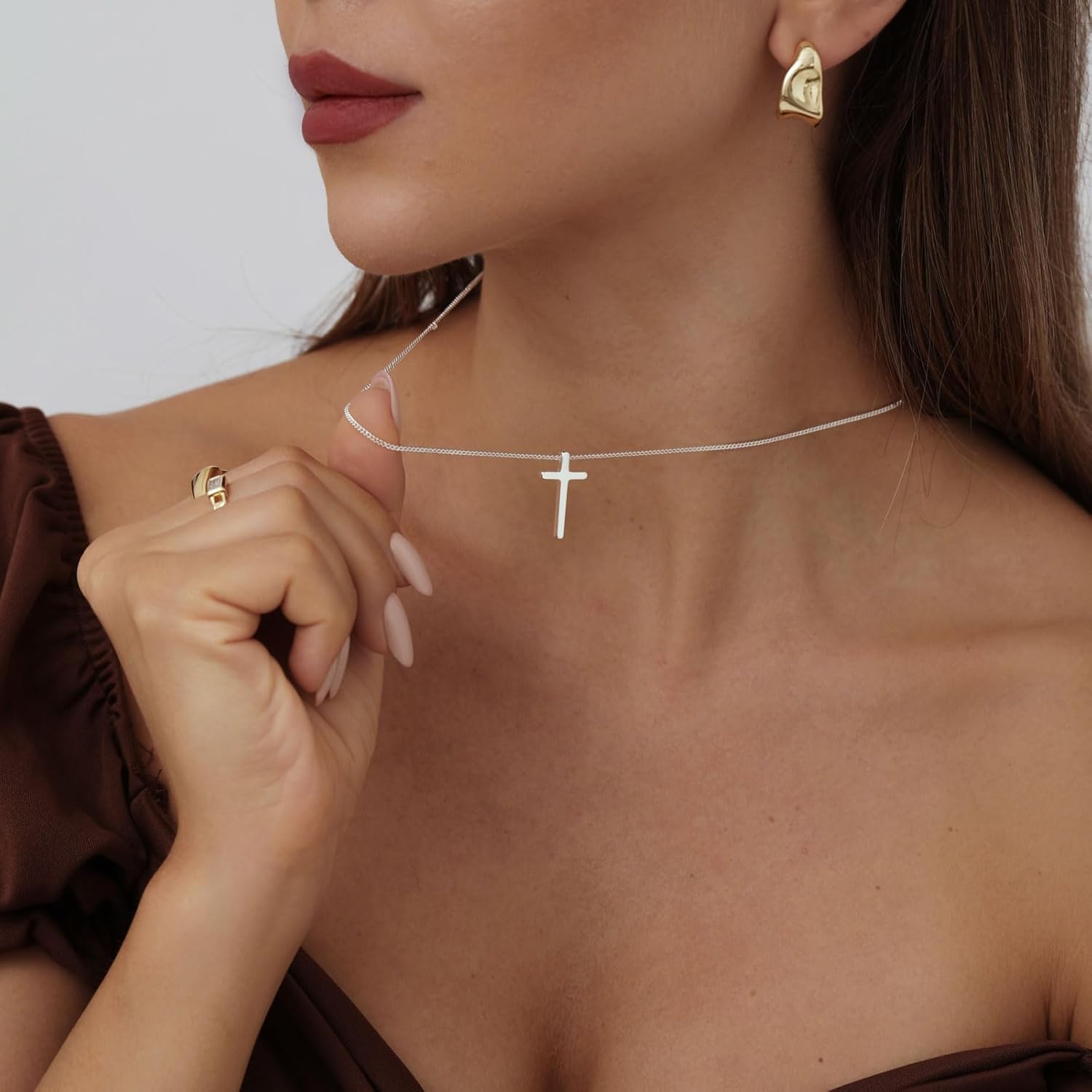 ASCOMY Cross Necklace for Women 14K Gold & Silver Plated Cross Pendant Necklace Trendy Cross Pendant Chain Necklace Minimalist Daily Decoration Jewellery For Women Dainty Religious Gift Cuban Chain Cross-SL image 3 of 7 B0CHLXY2Y4