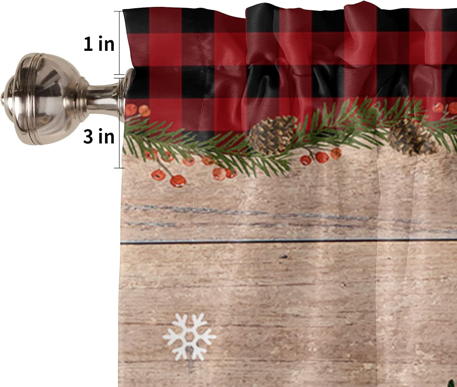 Christmas Kitchen Curtain Set - Tree Rod Pocket Tier Curtains and Valance 3 Piece Set - Snowflake Wooden Red Black Buffalo Plaid Check Window Curtain 54 in x 24 in