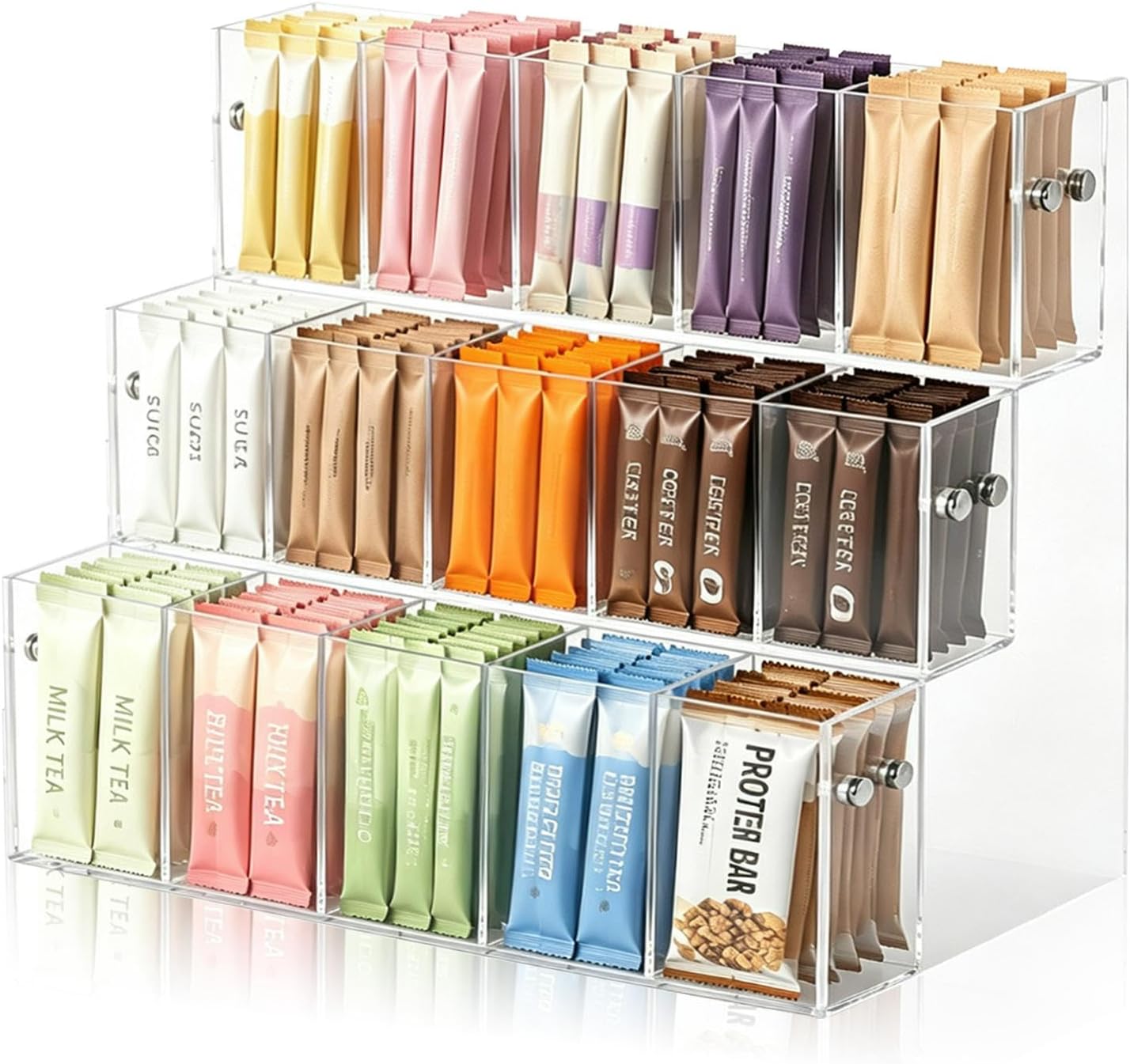 3-Tier Acrylic Drink Packet Organizer with 15 Compartments, Sugar Packets Drink Mix Organizer, Open Design Beverage Mix Storage Caddy for Cabinet Kitchen Storage Organization