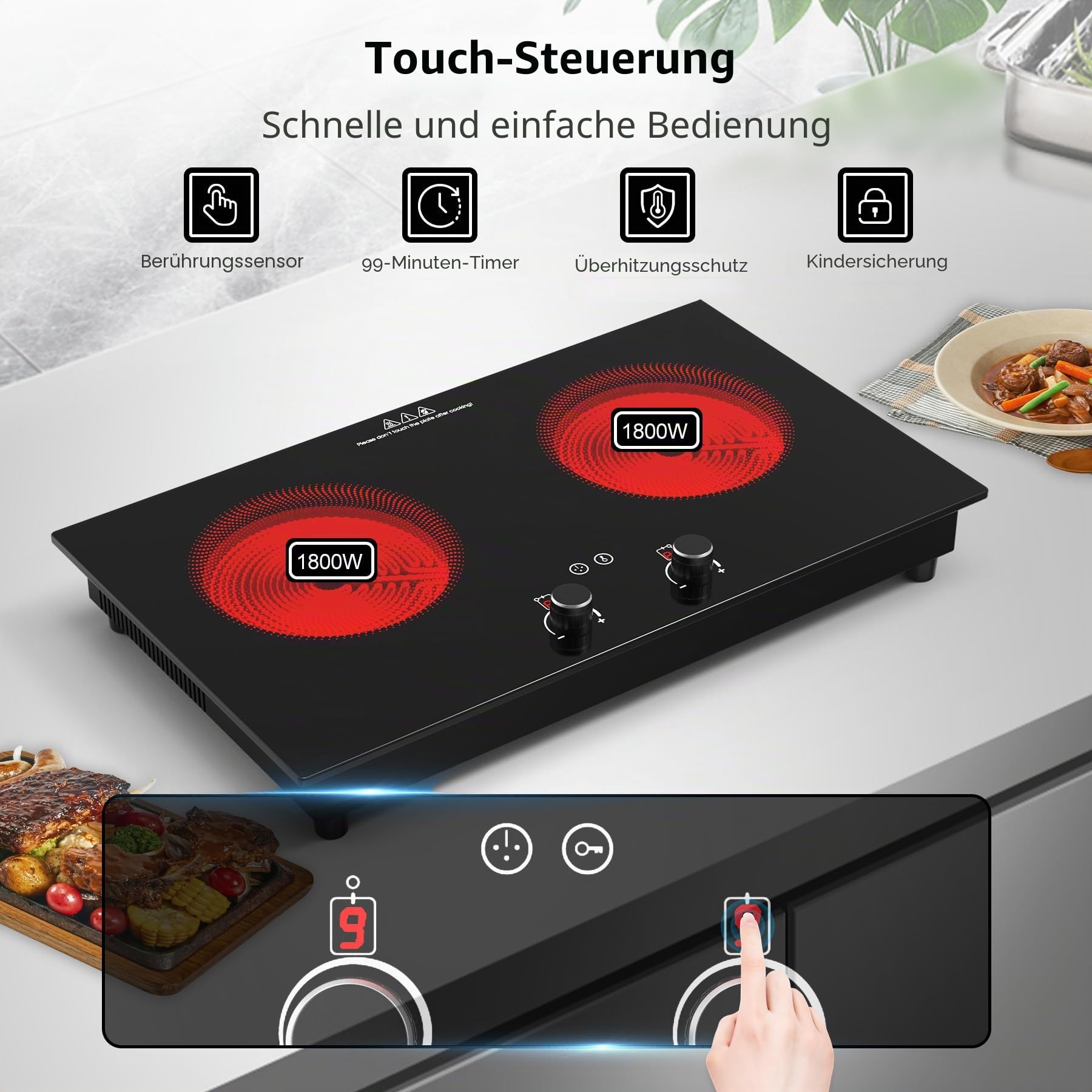 VBGK Elektroherd, 3600 W Glaskeramikkochfeld 2 Platten, Arbeitsplatte und integrierte Kochplatte mit Kindersicherung, Timer, LED-Touch-Knopfsteuerung, Überhitzungsschutz