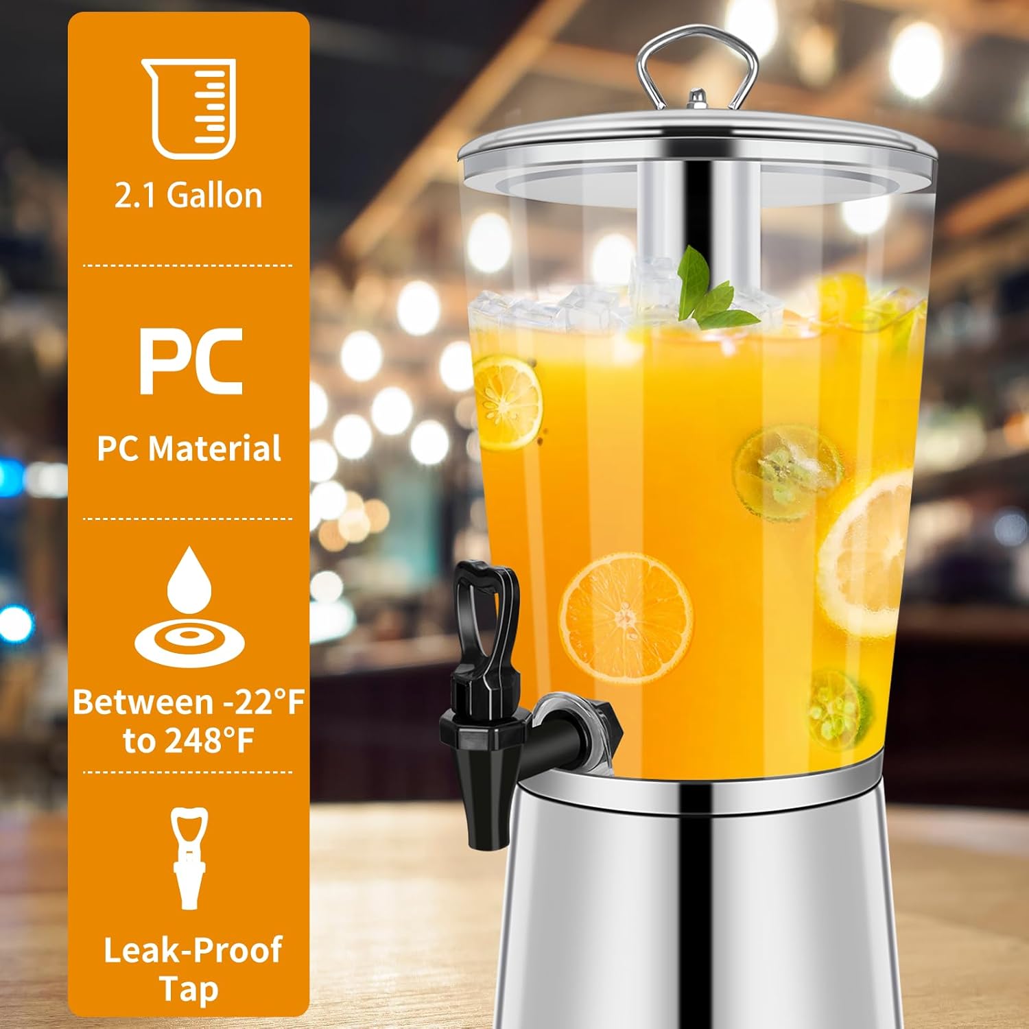 FULIYE Beverage Dispenser with Stand, Drink Dispensers for Parties, Beverage Dispenser with Ice Container, 2.2 Gallon/8L, Clear Acrylic Stainless Steel Lemonade Dispenser for Buffet, Café, Bar - Image 2