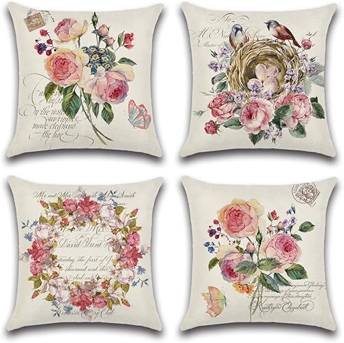 Artscope Juego de 4 fundas de almohada impermeables de primavera de 18 x 18 pulgadas, fundas de cojín decorativas románticas con patrón de flores