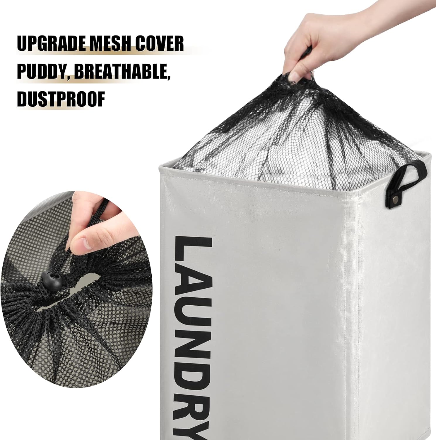 DOKEHOM Large Laundry Basket with Leather Handle on Wheels (4 Colors), Collapsible Laundry Hamper, Foldable Clothes Organizer, Folding Washing Bin (Grey, L)