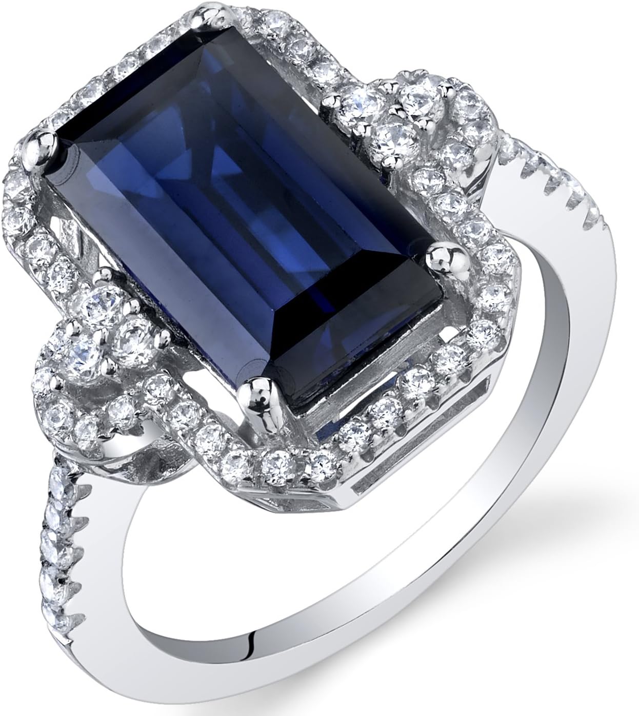 PEORA Created Blue Sapphire Ring in 925 Sterling Silver, 4.50 Carats Total, Imperial Octagon Design, Comfort Fit, Size 8, September Birthstone Ring, Sparkling Jewelry, w/Jewelry Box