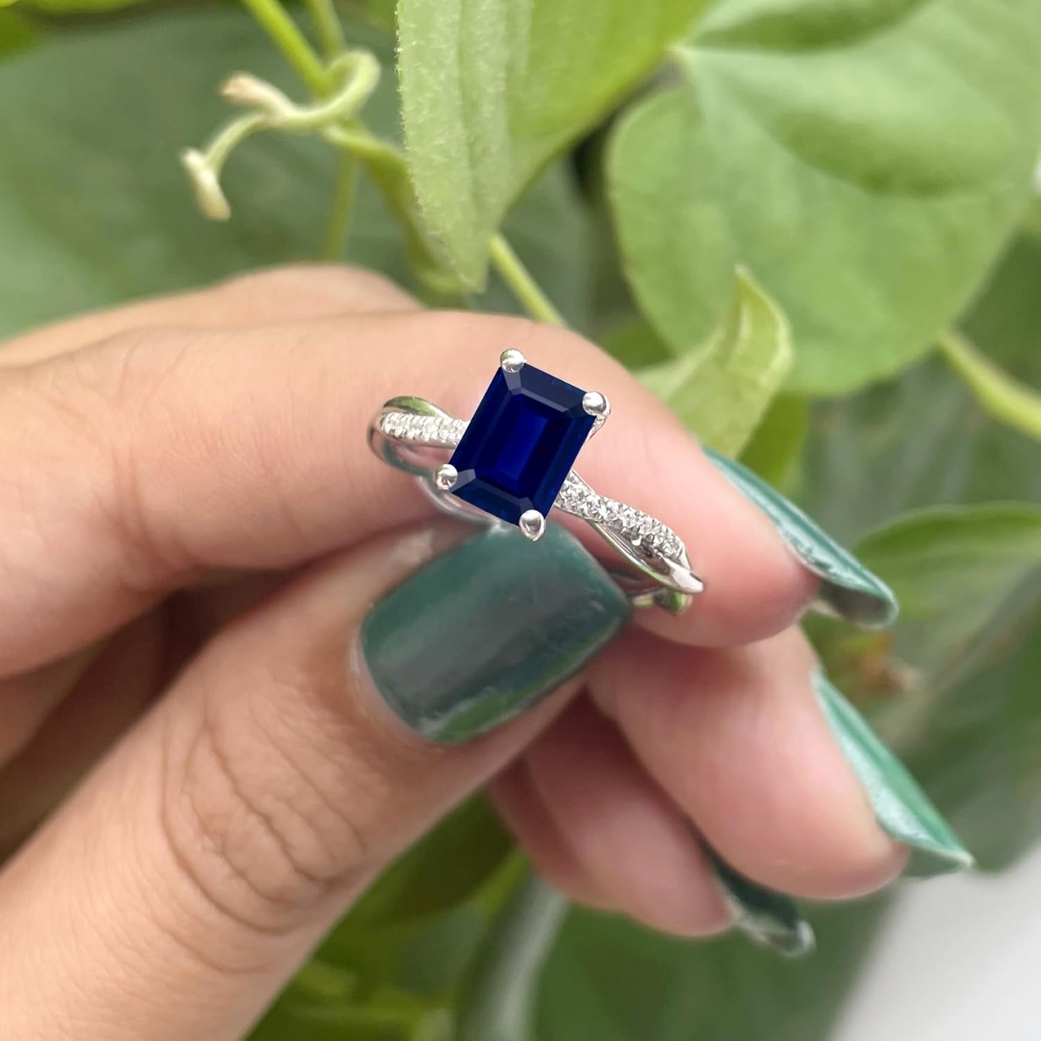 1 Carat Emerald Cut Blue Sapphire & Diamond Twisted Solitaire With Accent Engagement Ring For Women, 14K Gold Plated 925 Silver September Birthstone Swirl Bypass Bridal Side Stone Ring