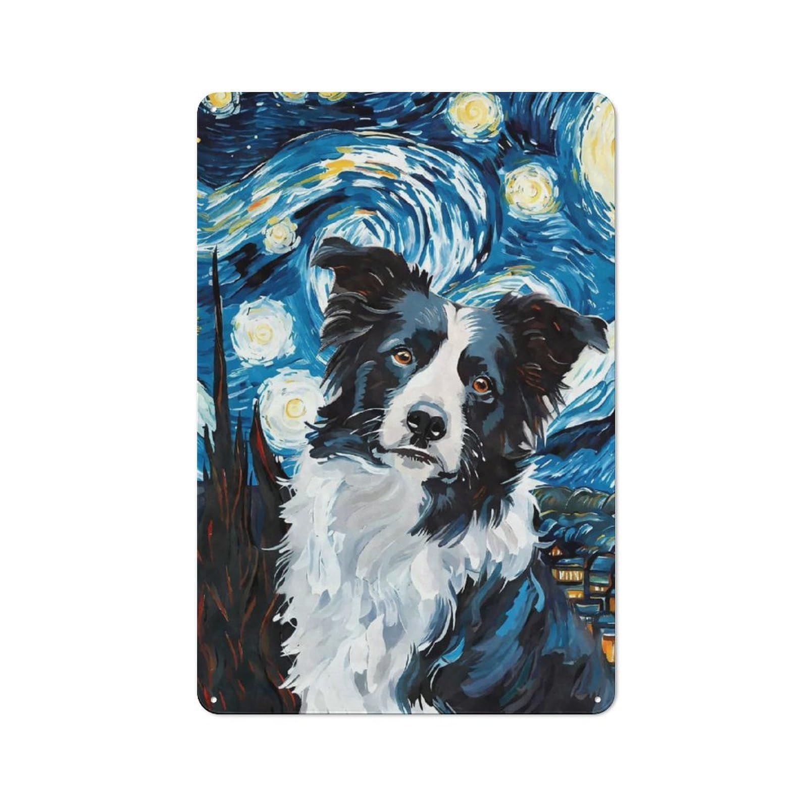 Junmoney Style-18 Vintage Tin Sign 30X20cm With Border Collie Starry Night For Hobby Room Or Studio, A Decorative Christmas Gift For Hobby Room Decor Fans
