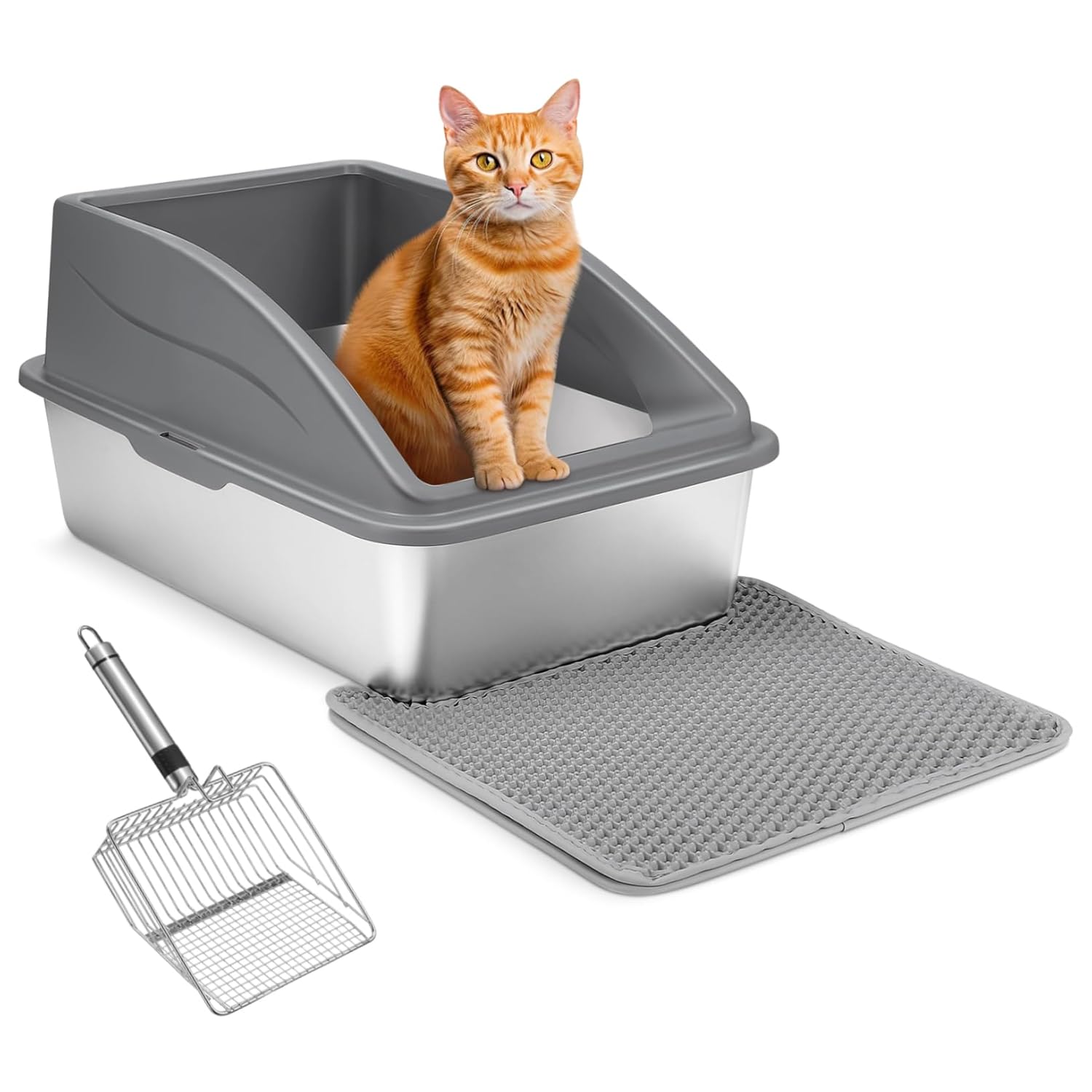 1set Large Stainless Steel Cat Litter Box High Sides Complete Kit Scoop and Mat Indoor Toilet for Cats Easy Cleanup and Maintenance