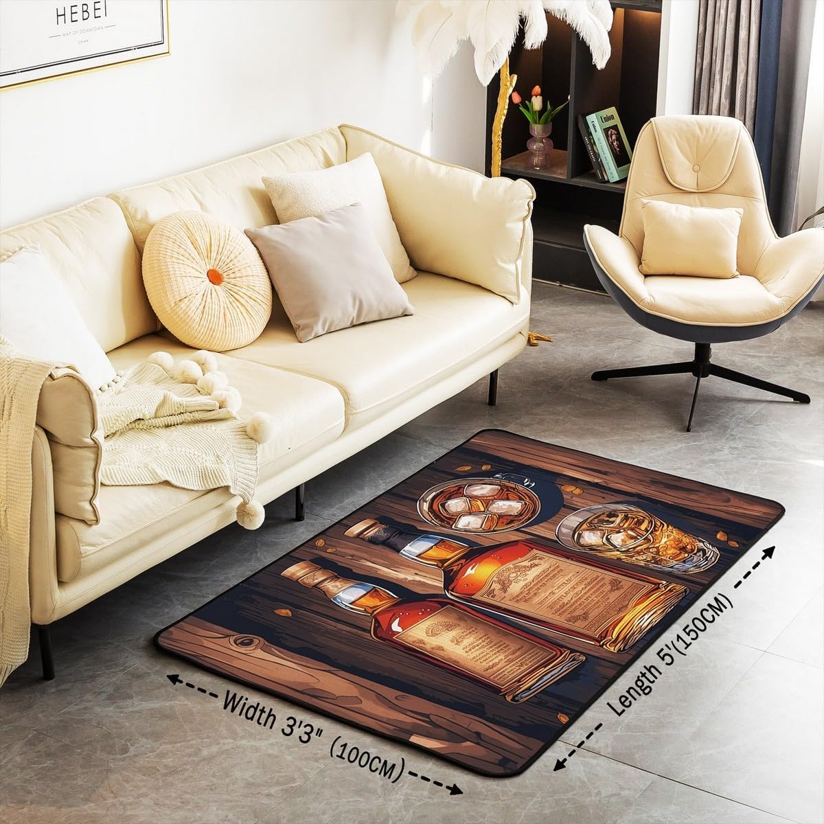 Whiskey Area Rug 3'x5', Wine Iced Beer Glass Non Slip Rug for Kids Teen Boys Women Men,Vintage Old Wooden Board Indoor Floor Mat for Dining Room Backyard Decor