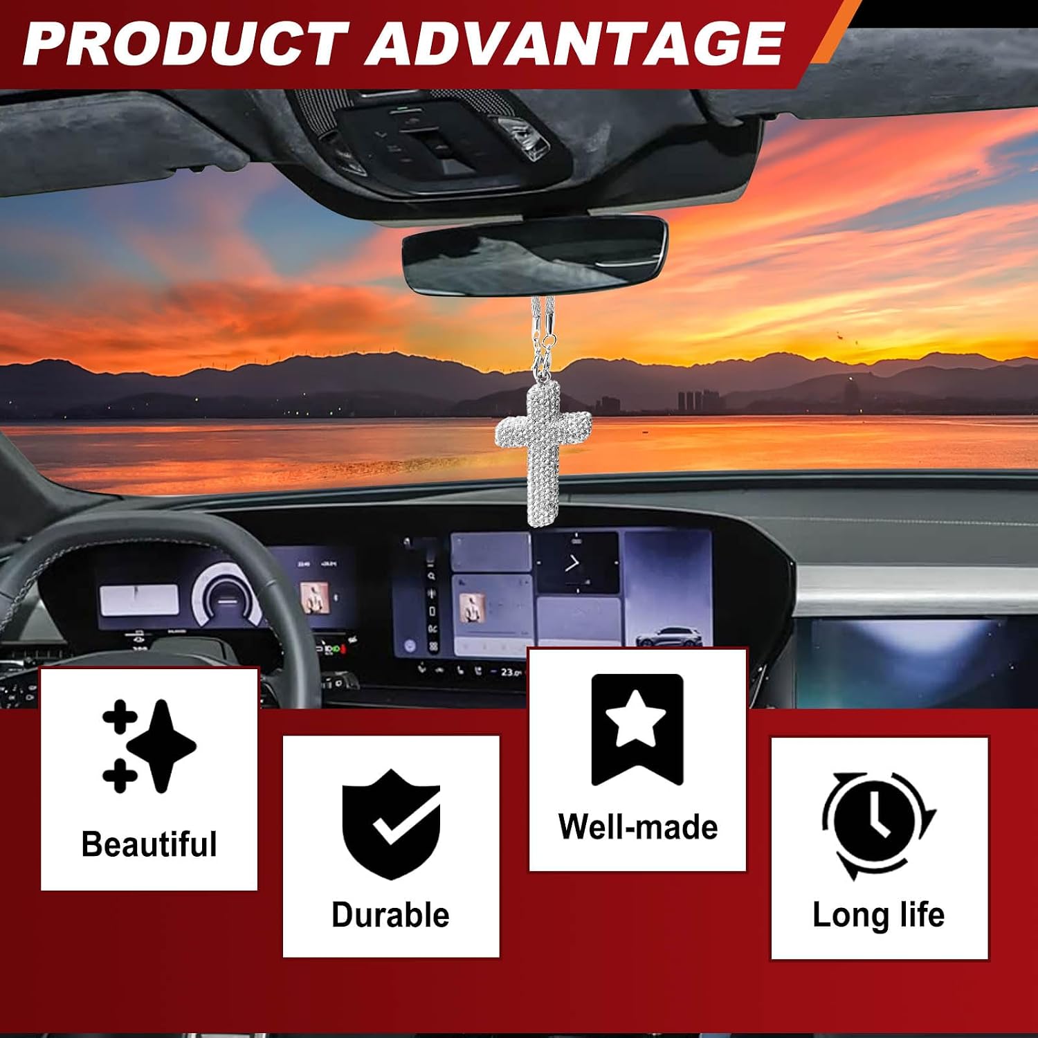 Car Mirror Hanging Accessories/Diamond Religious Rearview Mirror Decoration, Automotive Interior Mirrors Decorations, Universal Fit for Cars, SUVs (White)