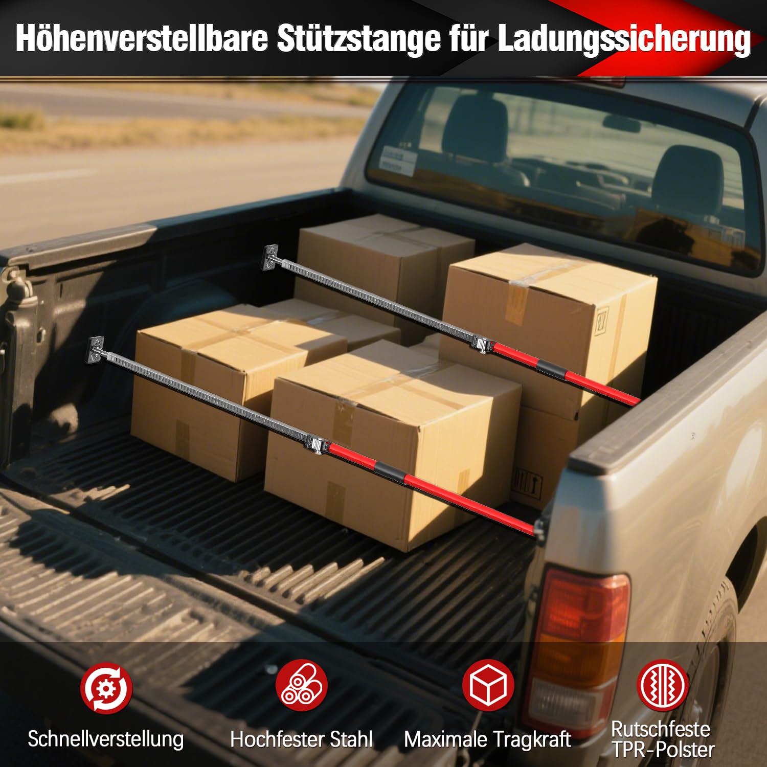 3-H 2X Ladungssicherung Transportsicherung Klemmstange Teleskopstützen 110-195cm,Montagestütze Teleskopstange Klemmbalken Ausziehbar Spannstange für SUV PKW Wagen Pickup Limousine,Stahl Baustütze,Rot