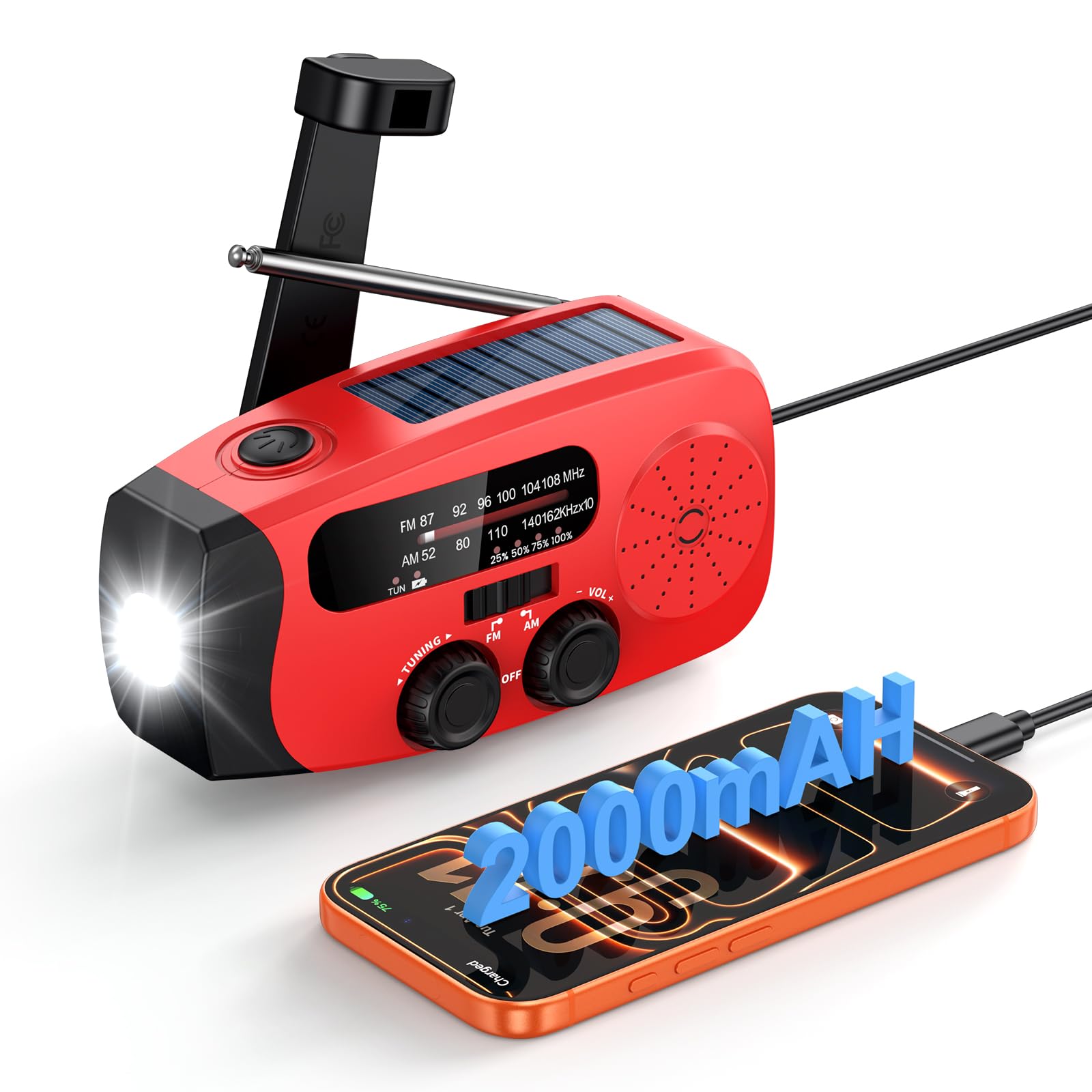 Kurbelradio, Notfall Ausrüstung Solar Radio Emergency, Notfallradio mit kurbel 2000mAh Power Bank mit LED Taschenlampe, AM/FM Solarradio batteriebetrieben mit SOS Alarm für Survival, Ourdoor, Camping