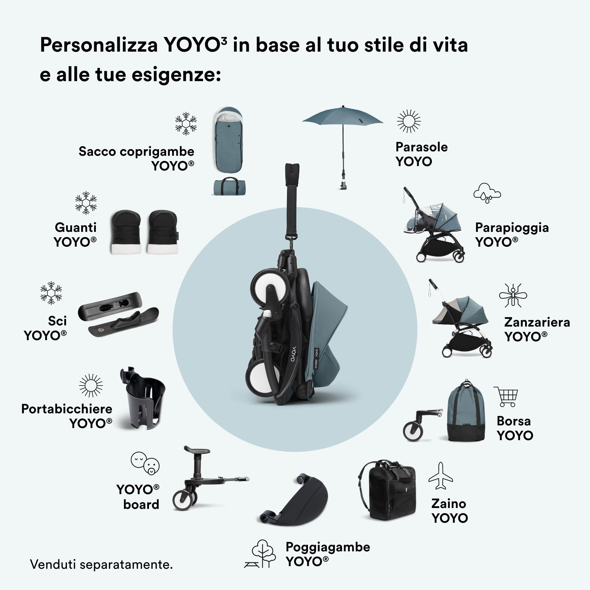 Stokke YOYO 0+ Newborn Pack, Aqua - Include materasso, capottina estendibile e allacciatura a 5 punti - Richiede telaio YOYO (venduto separatamente)