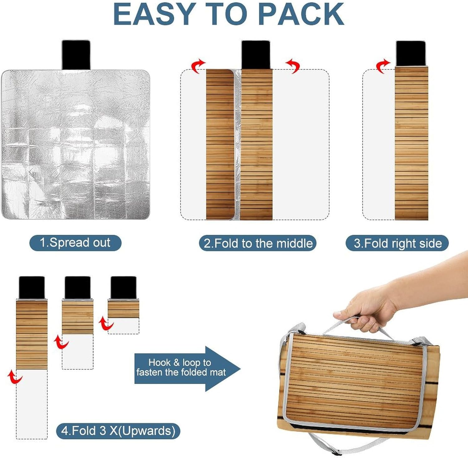 Bamboo Board Texture Waterproof Picnic Blanket 58.3''x58.3'',Portable and Foldable Picnic Mat with Handle,Outdoor Blankets for Lawn Park Beach Travel