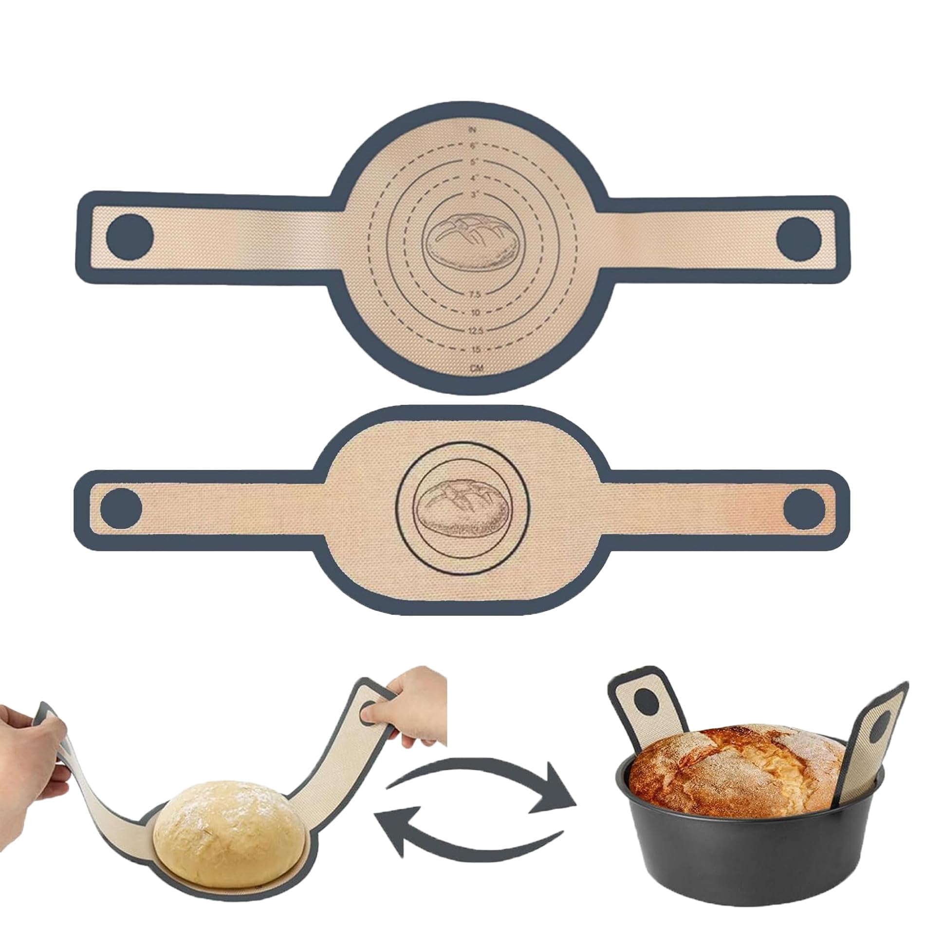 2 szt. mata do pieczenia chleba, z Silikonu Do Kontaktu z Żywnością, Wielorazowego Użytku i Żaroodporna do Dutch Oven, Air Fryer, Blachy do Pieczenia (58,2x15,8cm Elipsa + 55,7x21cm Okrągły, Brązowy)