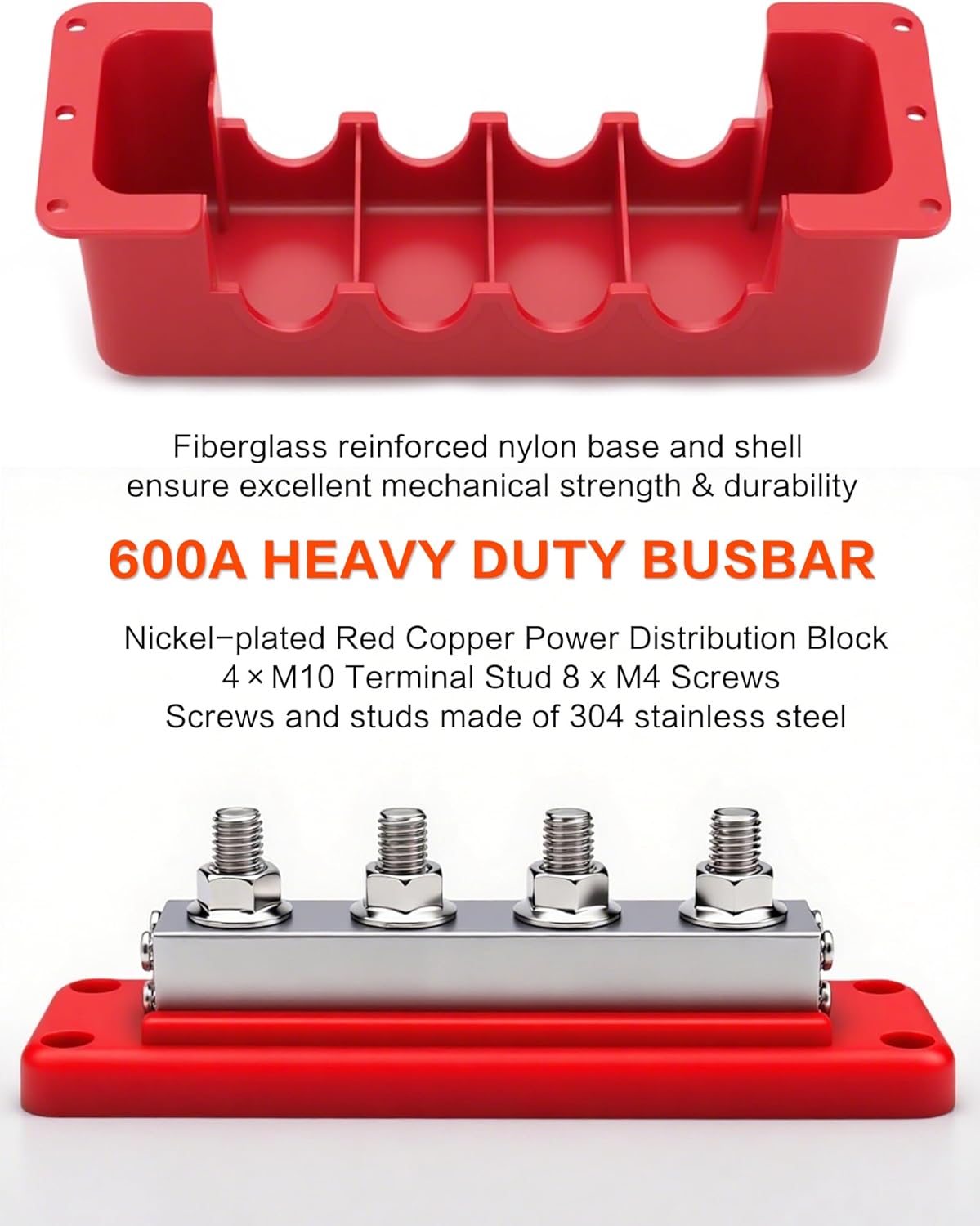600A Heavy-Duty Bus Bar Nickel Plated Copper Distribution Terminal Block with Cover 4 M10 (3/8 in) Studs & 8 Screws Buss Bar for Solar RV Marine Car Audio 12-48V DC Battery System (Red)