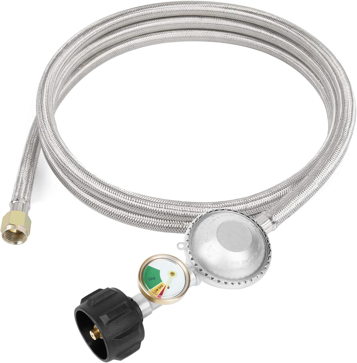 5 ft Stainless Steel Braided Propane Regulator Hose with Pressure Gauge, Compatible with Burner Stoves,Gas Heaters, Forced Air Heaters, Smokers, Blackstone Grills